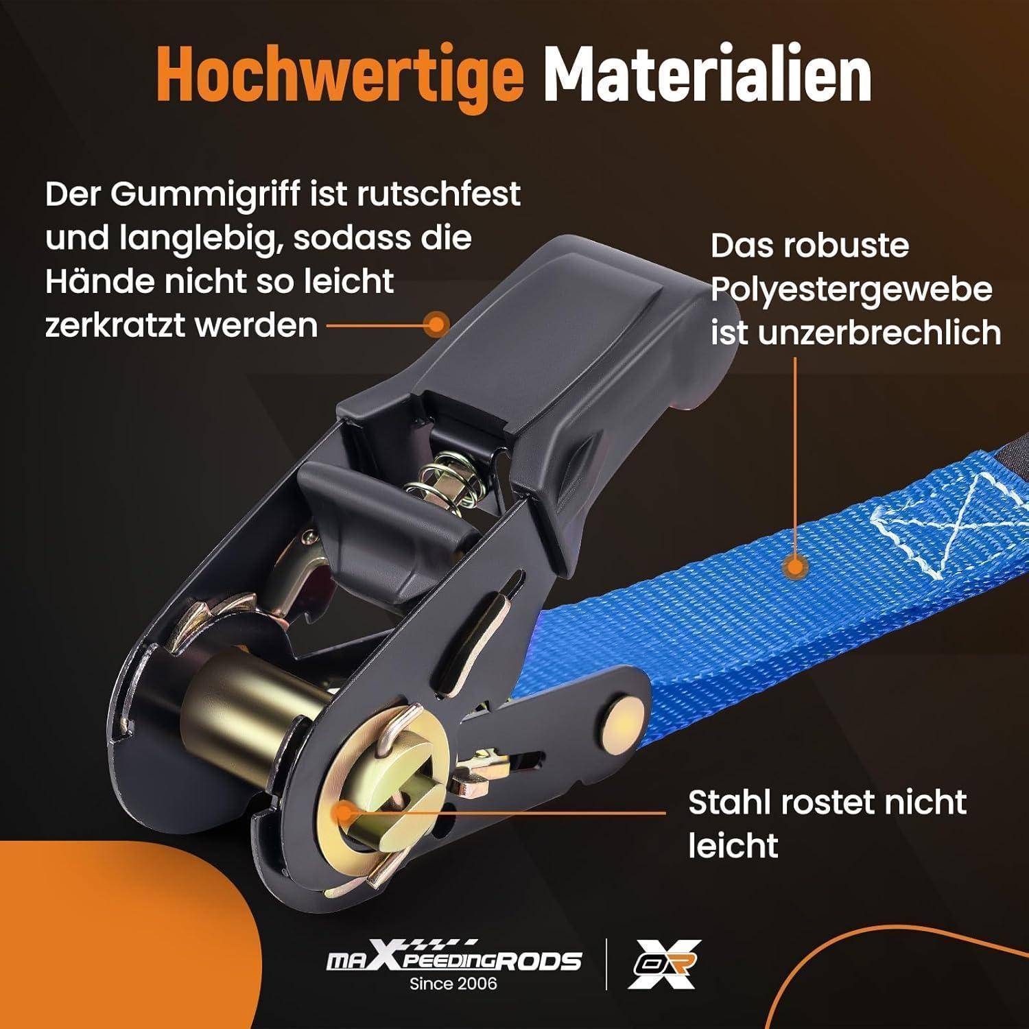 Abbildung eines Ratschenschnallgurtes mit deutschen Etiketten, die hochwertige Materialien hervorheben: rutschfester Gummigriff, langlebiges Polyestergewebe und rostbeständiger Stahl.