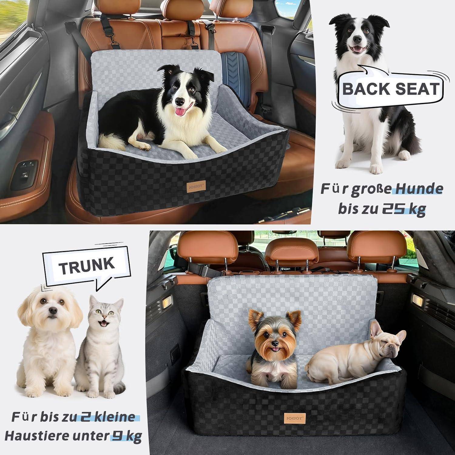 Haustierbett für Auto auf Rücksitz und Kofferraum dargestellt; gekennzeichnet für große Hunde bis 25 kg und kleine Haustiere unter 9 kg.