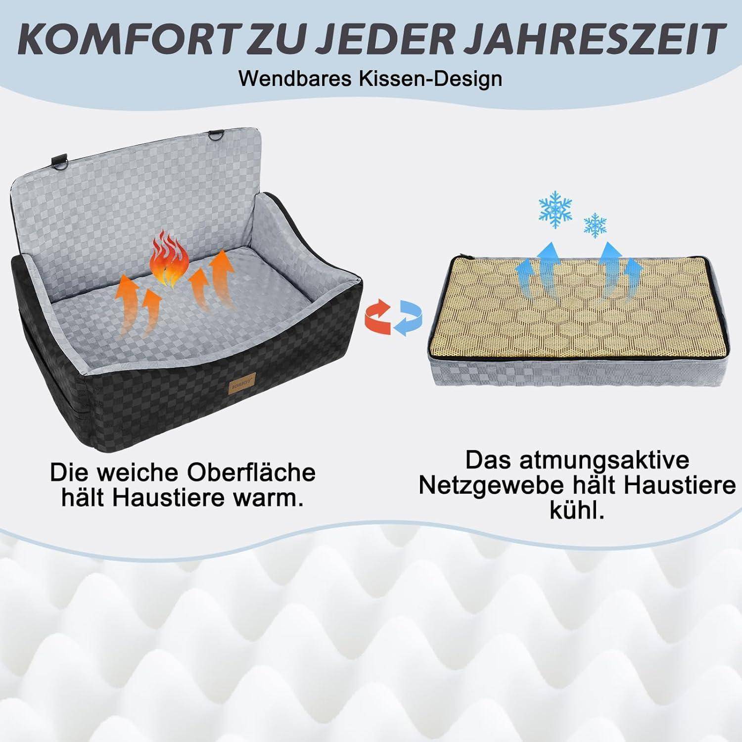 Hunde autositz für mittlerer/große Hunde, Hundesitz für Hunde unter 25kg oder 2 kleine, Autositz Hunde Füllung Memory Foam mit 2 Clip-On Hundelein
