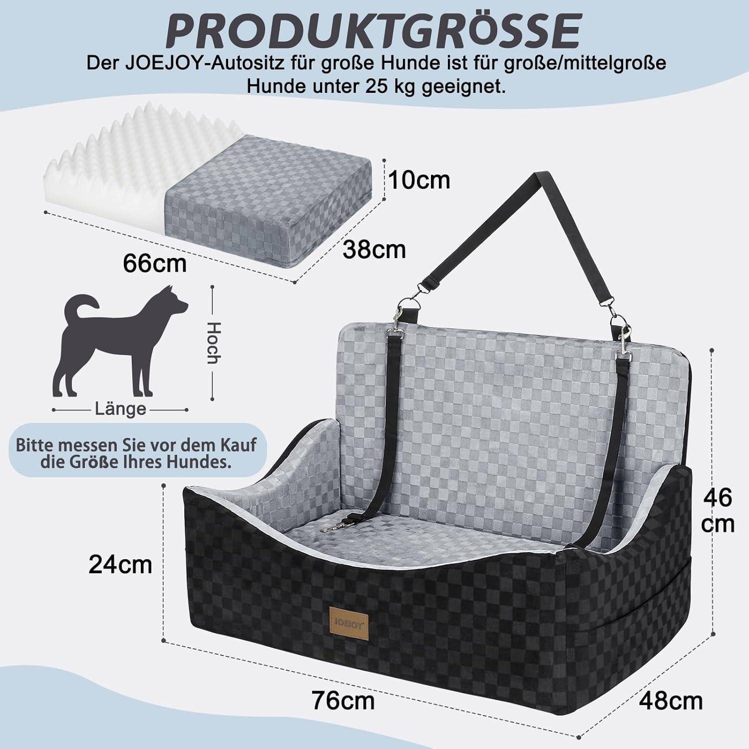 Größen-Infografik für den JOEJOY Hundeautositz: passt für große oder mittelgroße Hunde unter 25 kg. Die angezeigten Abmessungen sind 76 cm breit, 48 cm tief, 46 cm hoch; Matratze 66 x 38 x 10 cm.