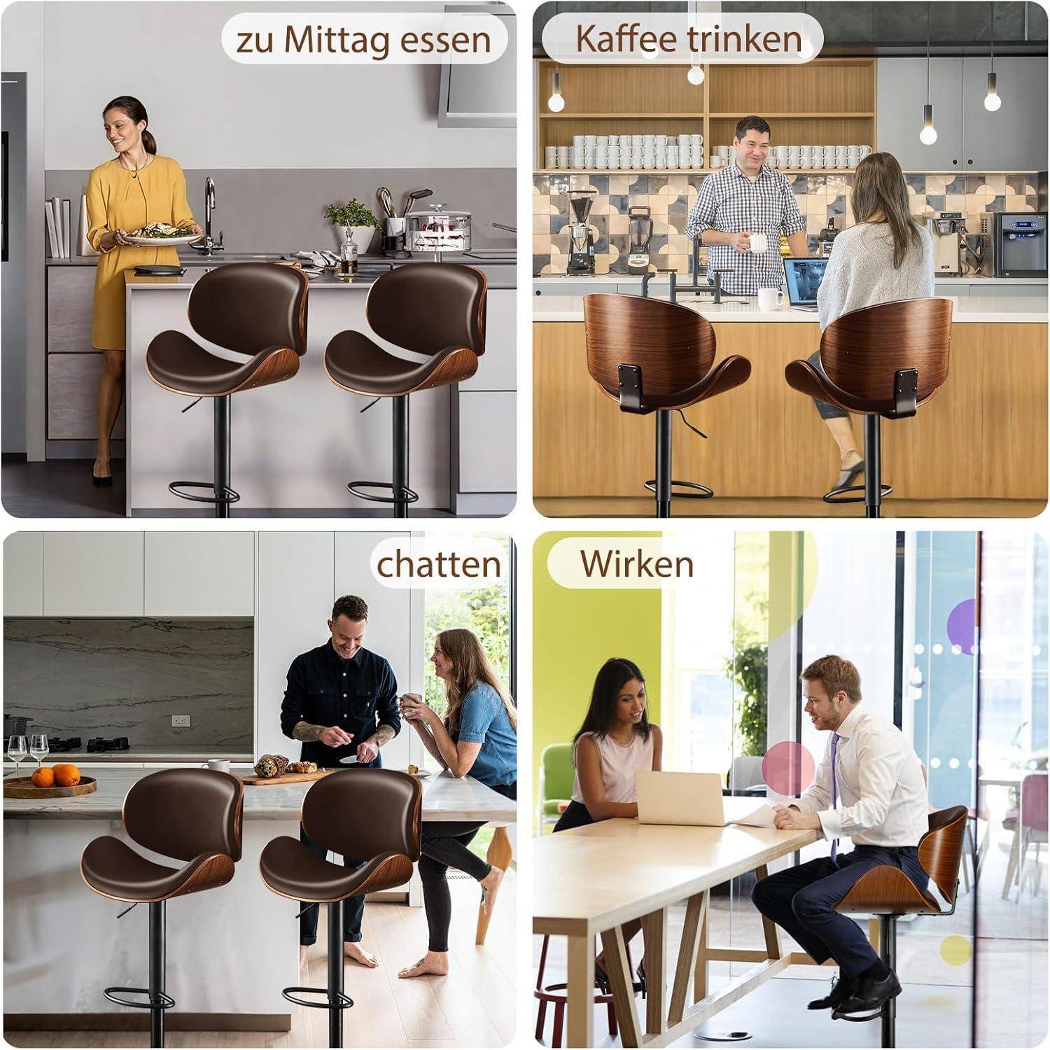 Vierteilige Büroszene, die Menschen zeigt, die eine moderne Küche und einen Meetingbereich zum Mittagessen, Kaffeetrinken, Plaudern und Arbeiten nutzen.