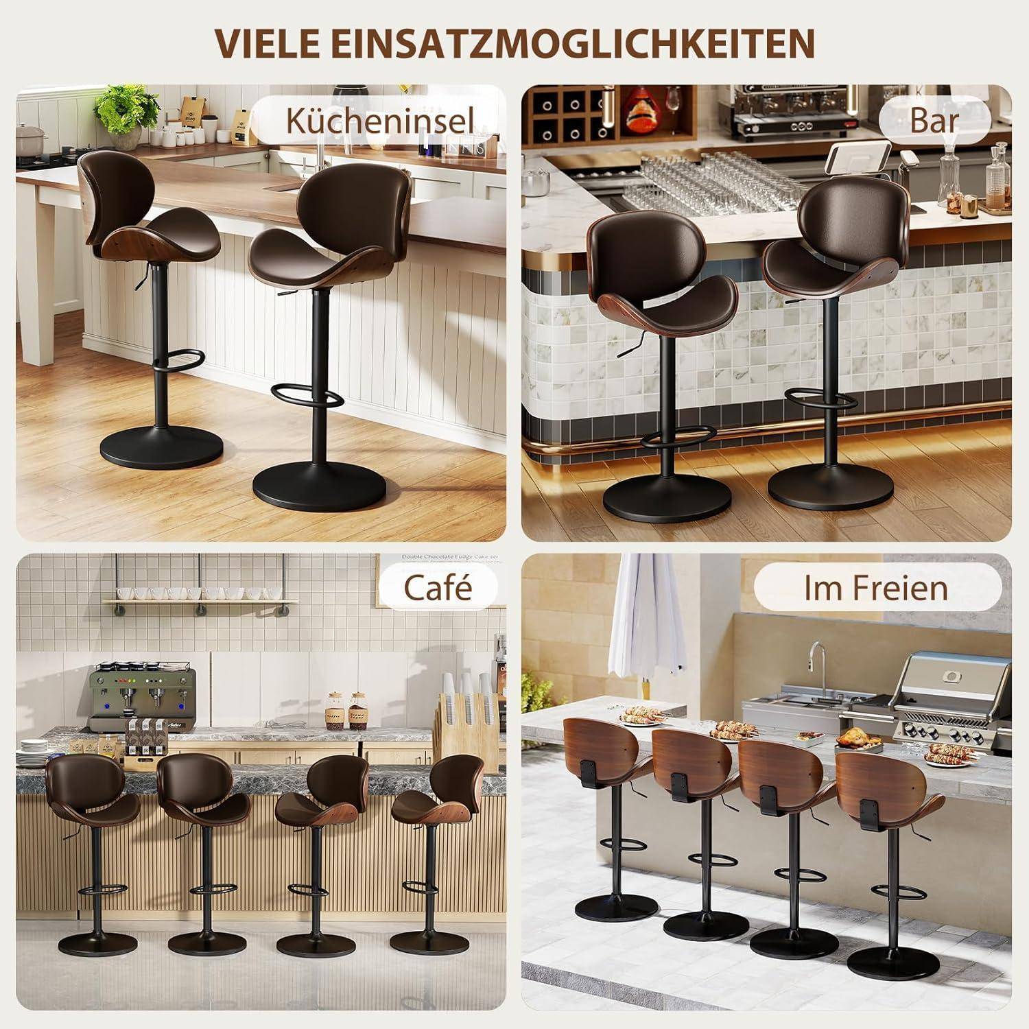 Collage zeigt verstellbare braune Barhocker in vier Umgebungen: Kücheninsel, Bar, Café und Außenterrasse.