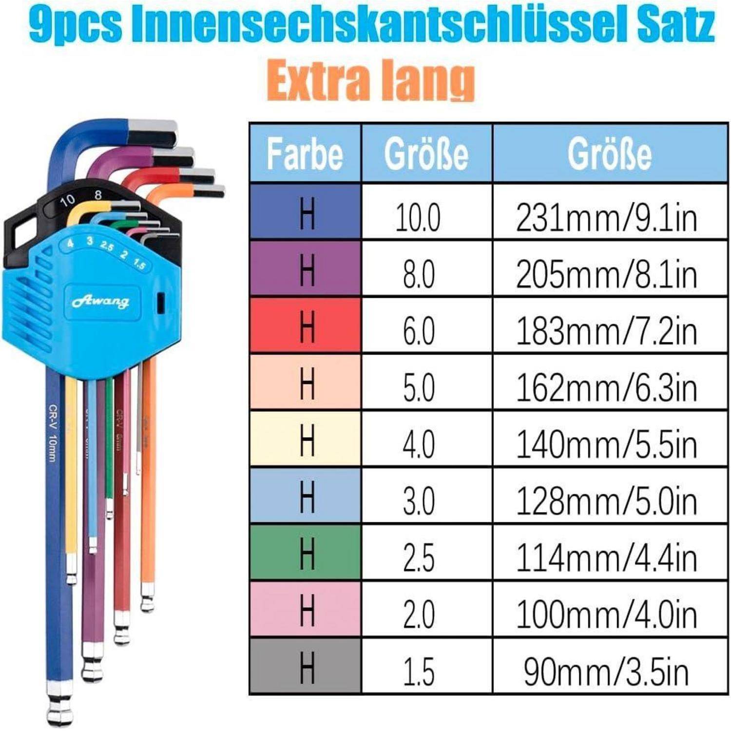 Produktbild eines 9-teiligen Extra-Langen Innensechskantschlüssel-Sets mit farbigen Griffen und einer Größentabelle, die H-Größen von 10,0 bis 1,5, 231 mm bis 90 mm zeigt.