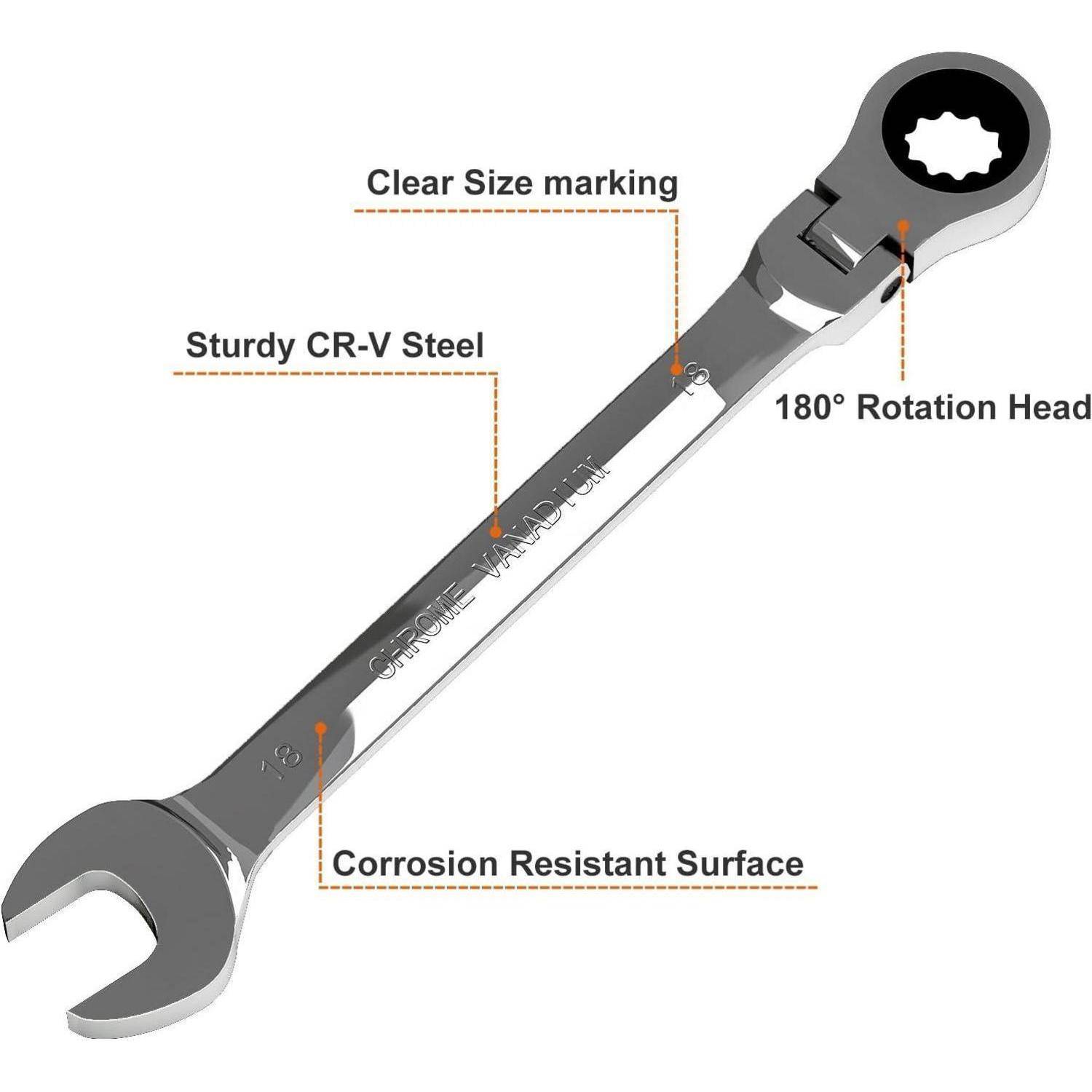 Egofine 18mm Ratchet Schlüssel Flex Kopf, Ratcheting Kombination Schlüssel Metrik, Industrie Grad Getriebe Spanner mit 12 Punkt Box Ende, 72-Zähne