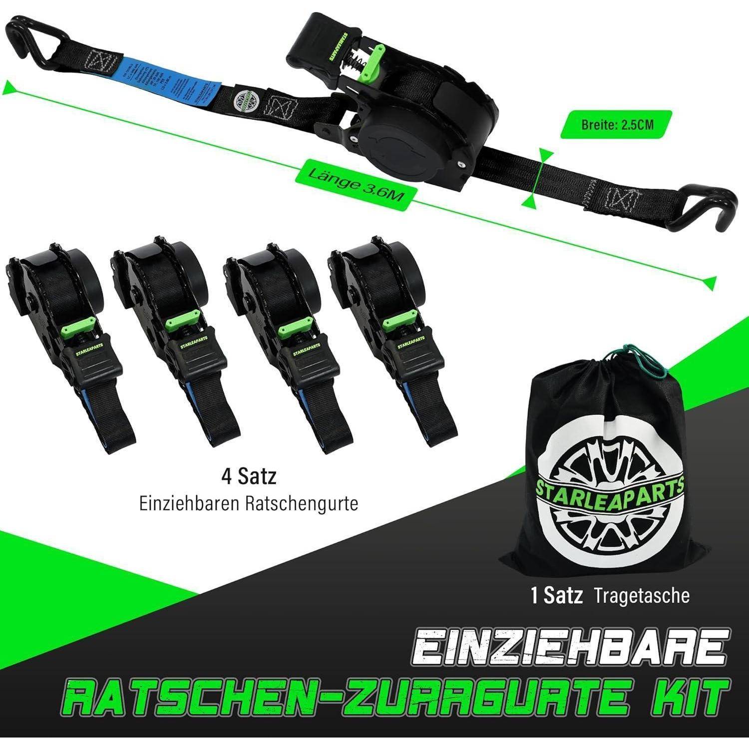 Produktgrafik eines einziehbaren Ratschenverschluss-Spanngurt-Sets mit einem 3,6 m langen, 2,5 cm breiten Gurt, 4 Ratschenverschlussgurten und einer Tragetasche.