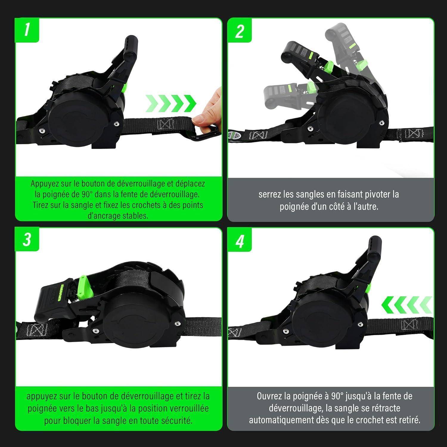 Vier-Schritt-Bildanleitung zum Straffen und Verriegeln einer Ratschenschnallenschnalle, mit Händen, die den Hebel und den Riemen durch den Mechanismus führen.