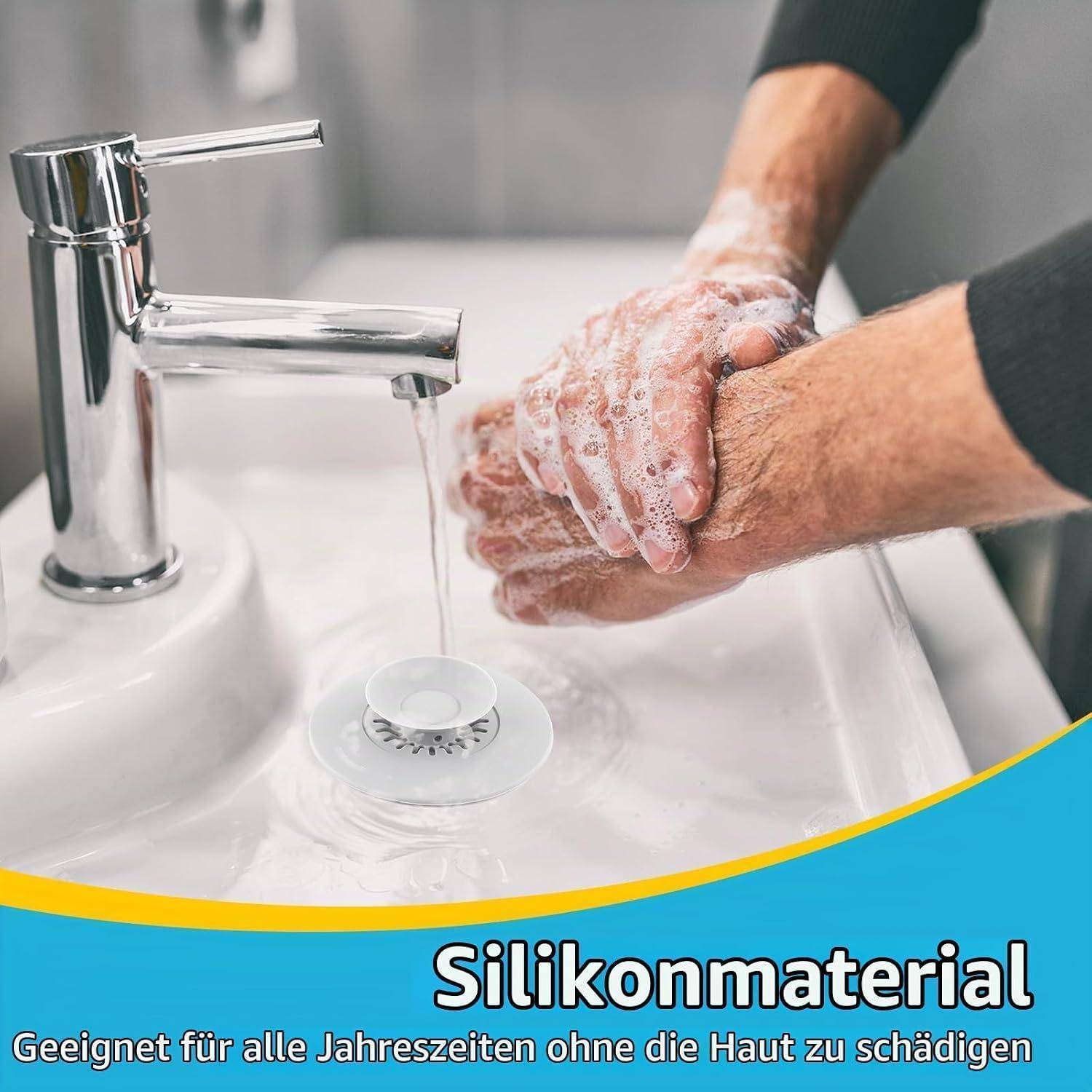 Hände waschen unter fließendem Wasser in einem Waschbecken; Text lautet "Silikonmaterial"" und ""Geeignet für alle Jahreszeiten ohne die Haut zu schädigen"".