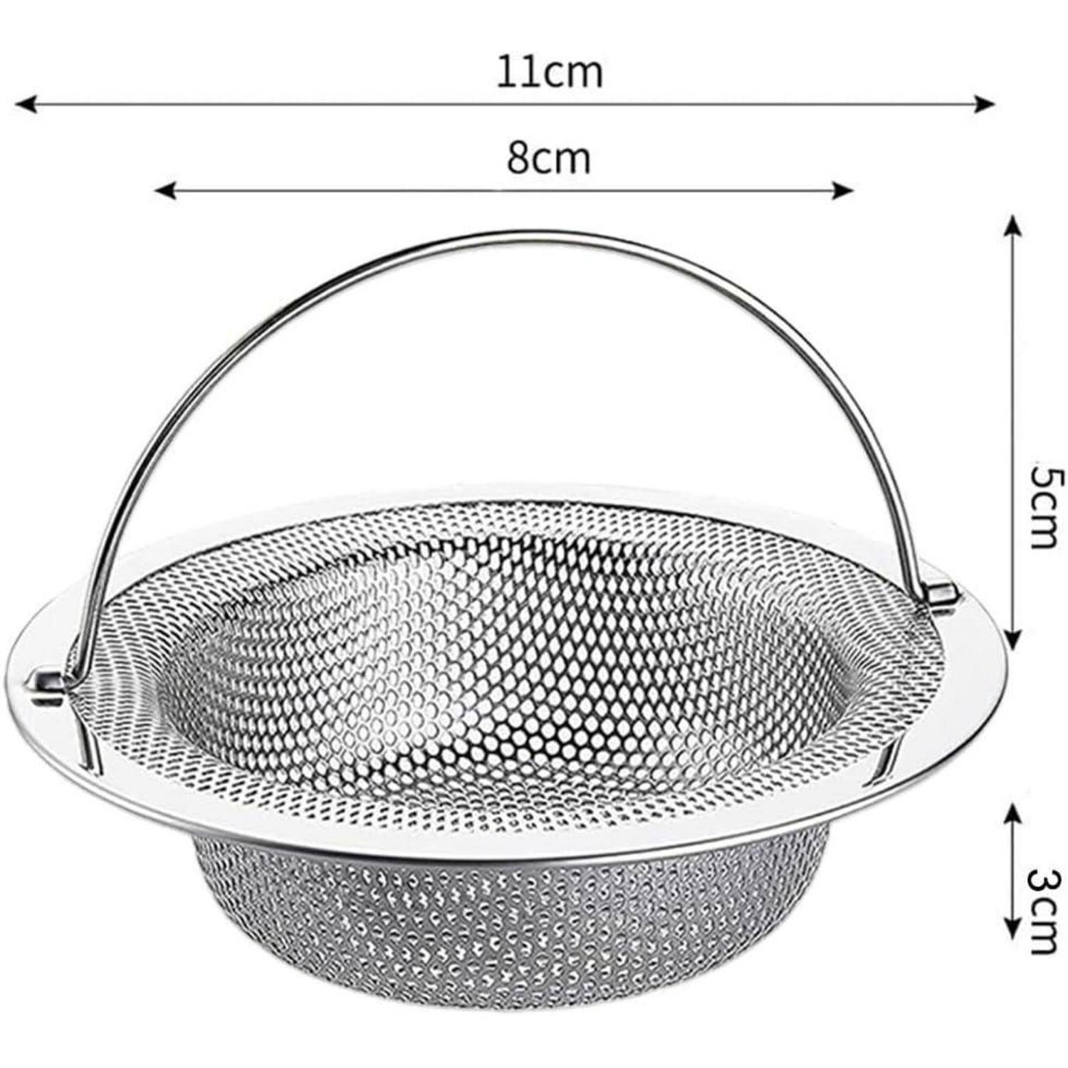 Edelstahlmaschenkörb mit Griff, abgebildet mit Abmessungen: 11 cm breit, 8 cm innere Breite, 5 cm Griffhöhe, 3 cm Basishöhe.