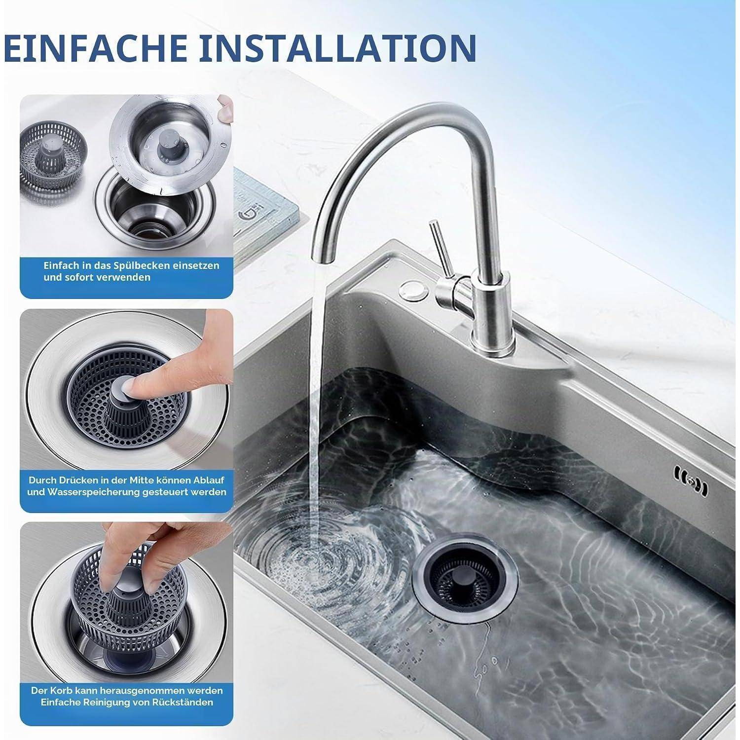 Küchenspülbecken-Abflusssieb, das in einem Spülbecken mit fließendem Wasser installiert ist und eine einfache Installation, druckgesteuerte Entwässerung und einen abnehmbaren Korb zur Reinigung zeigt.