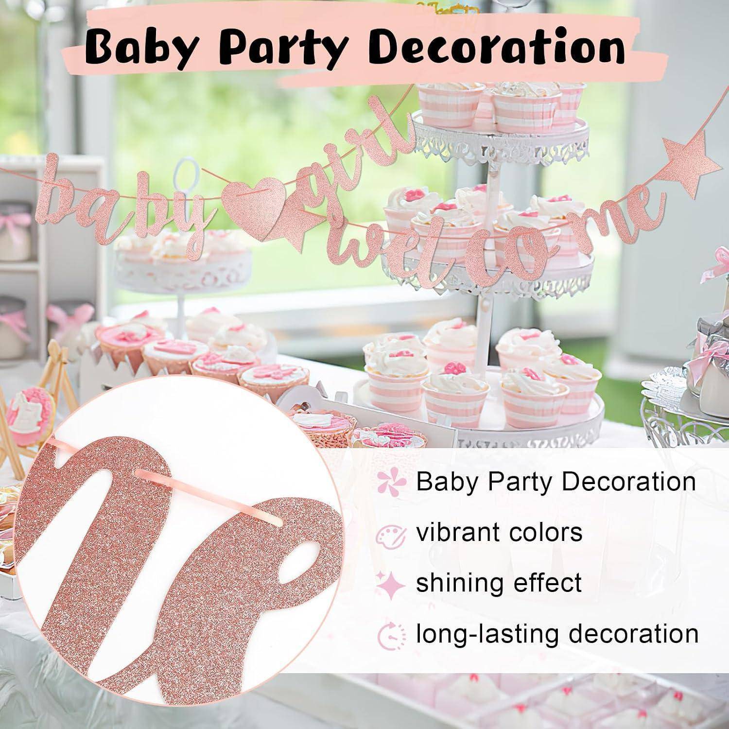 Rosa Babyparty-Dekorationen mit Cupcake-Ständern, Bannern und glitzerndem 
