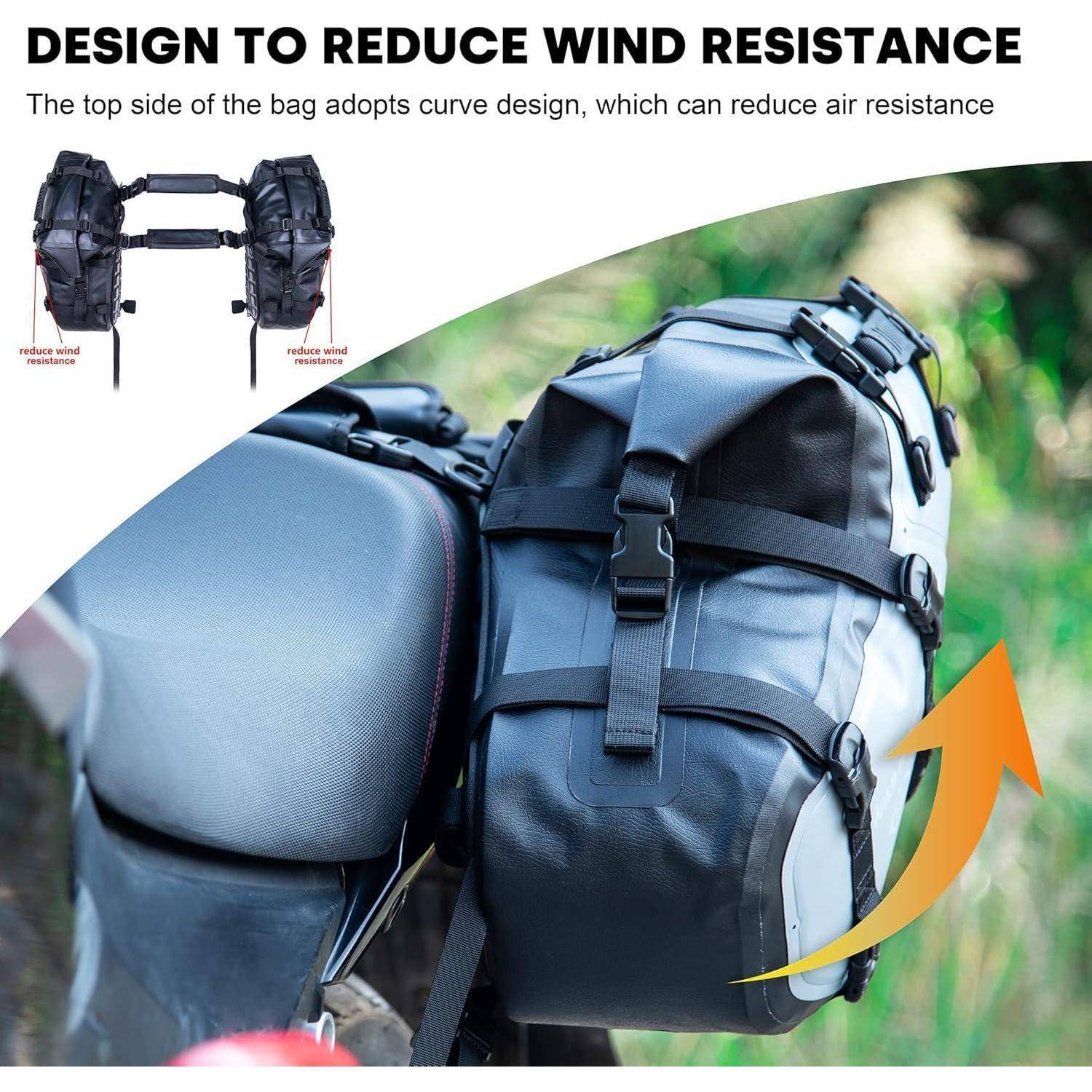 Motorrad-Seitentasche Anzeige mit dem Text „Design zur Verringerung des Luftwiderstands"; die gekrümmte Form der oberen Tasche wird als windwiderstandsreduzierend hervorgehoben.