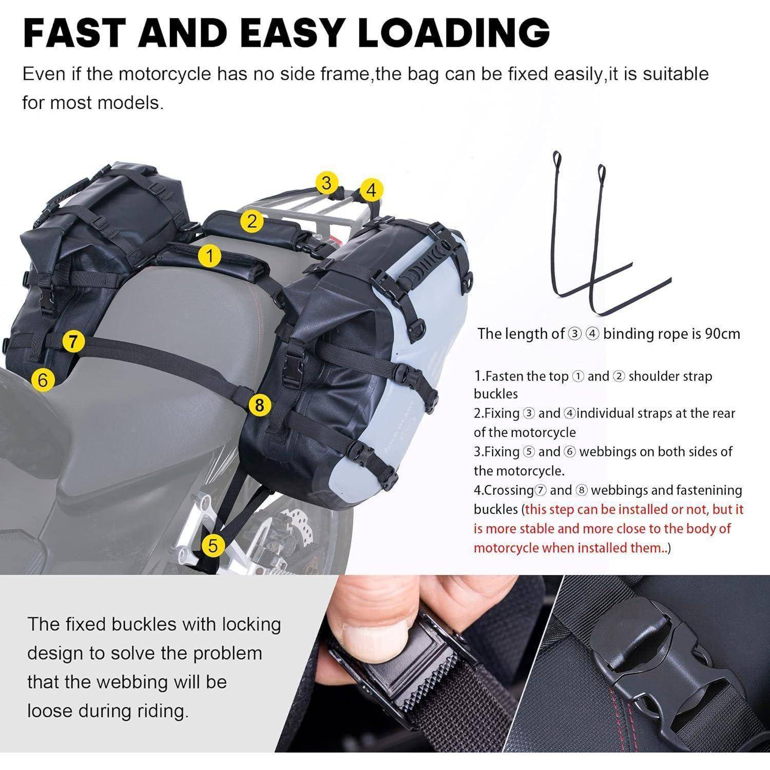 Anleitungsgrafik, die eine an einem Motorrad befestigte Hecktasche zeigt, mit nummerierten Befestigungspunkten und Text, der erklärt, wie die Oberseite, die seitlichen Gurte und die Schnallen befestigt werden.