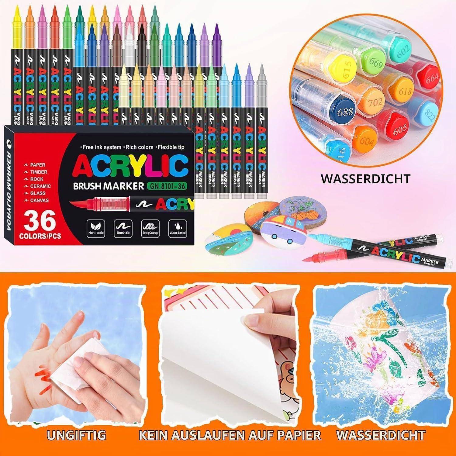 Packung mit 36 Acrylmarkern in verschiedenen Farben, mit wasserfester Tinte und drei Nahaufnahmen, die zeigen, dass kein Durchschlag, kein Auslaufen auf dem Papier und wasserfeste Verwendung vorhanden sind.
