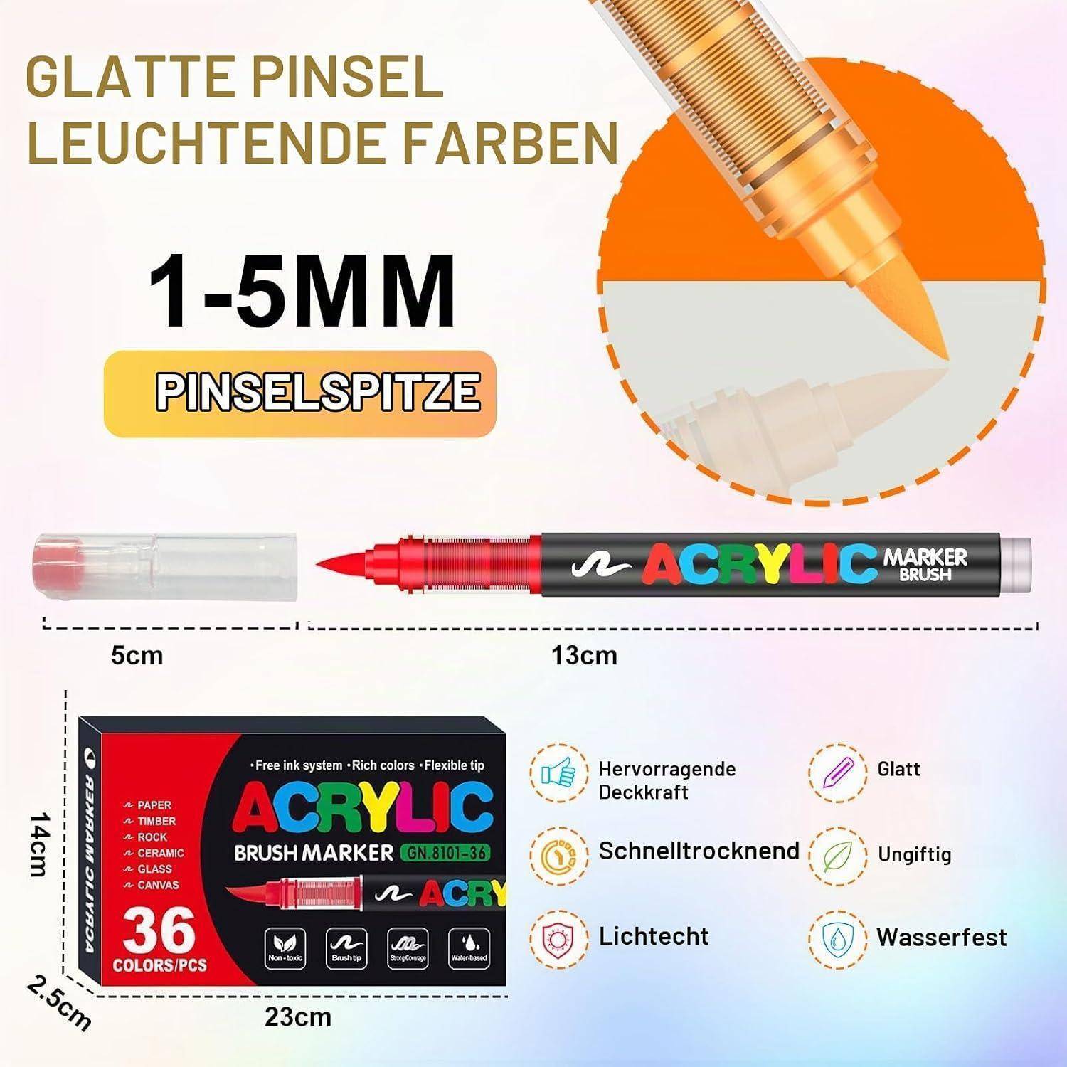 Werbegrafik für einen Acrylpinsel-Marker: 'glatte Pinsel', 'leuchtende Farben', 1–5 mm Pinselspitze, 36 Farben, mit Stift- und Schachteldimensionen.
