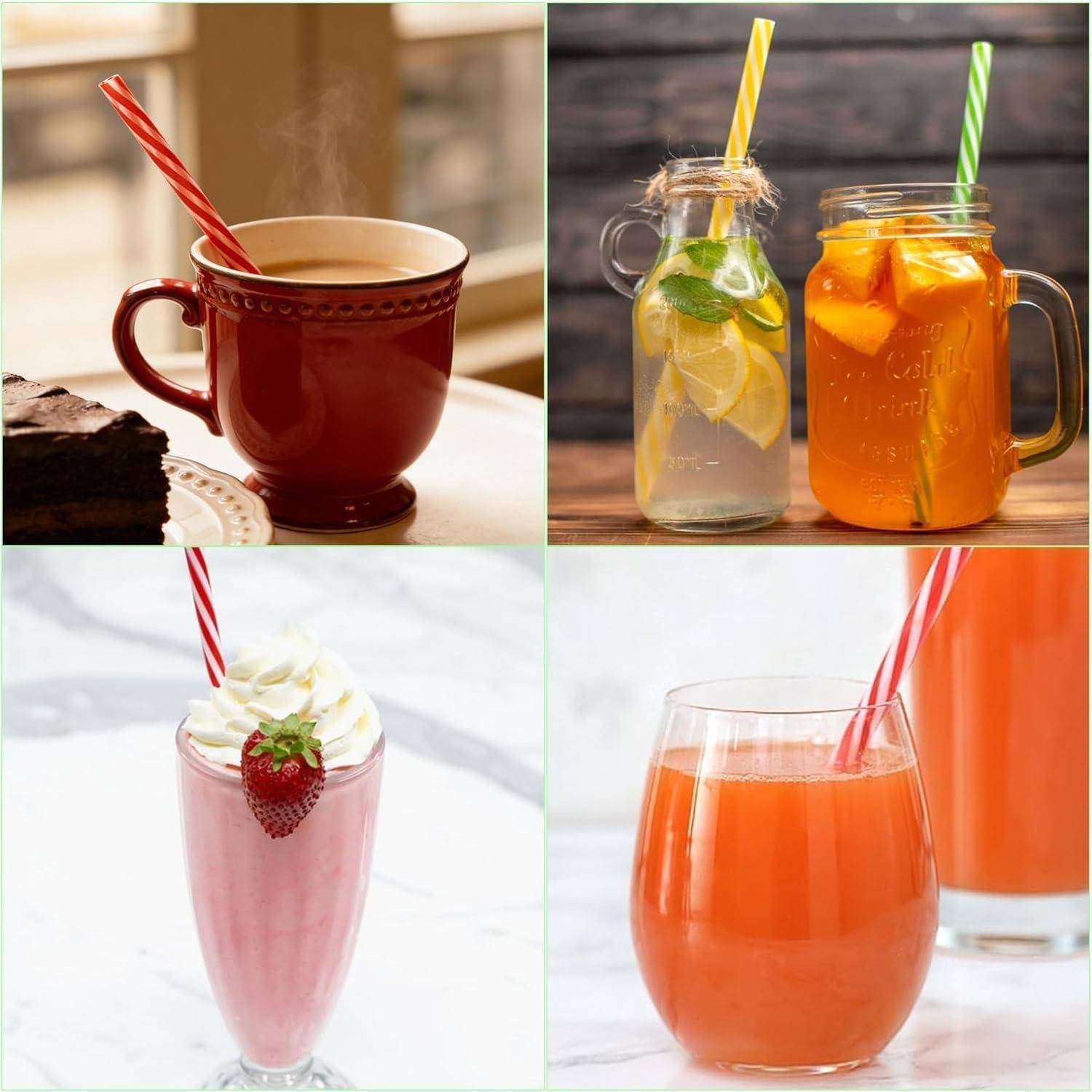 Eine 2x2 Collage von Getränken: heißer Kaffee in einer Tasse, zitrusinfundiertes Wasser in Gläsern, ein Erdbeermilchshake und ein Orangensaft oder Smoothie in einem Glas.