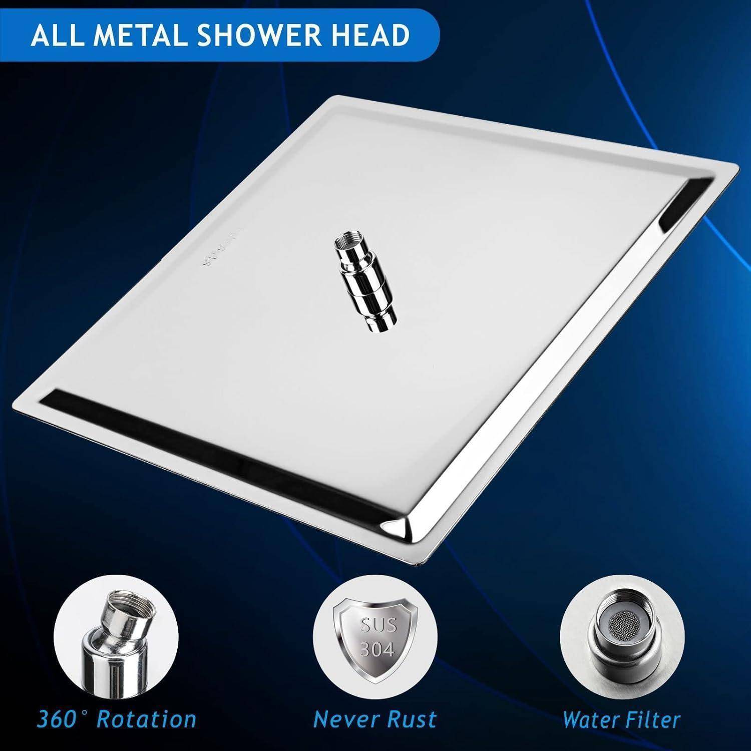Quadratischer Duschkopf aus Edelstahl mit der Beschriftung „ALL METAL SHOWER HEAD