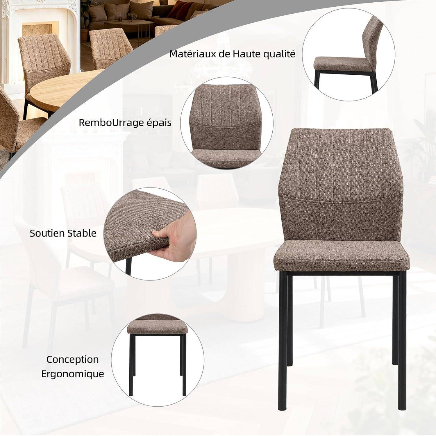 Werbebild eines beige gepolsterten Esszimmerstuhls mit schwarzen Beinen, das dicke Polsterung, stabilen Halt, ergonomisches Design und hochwertige Materialien hervorhebt.