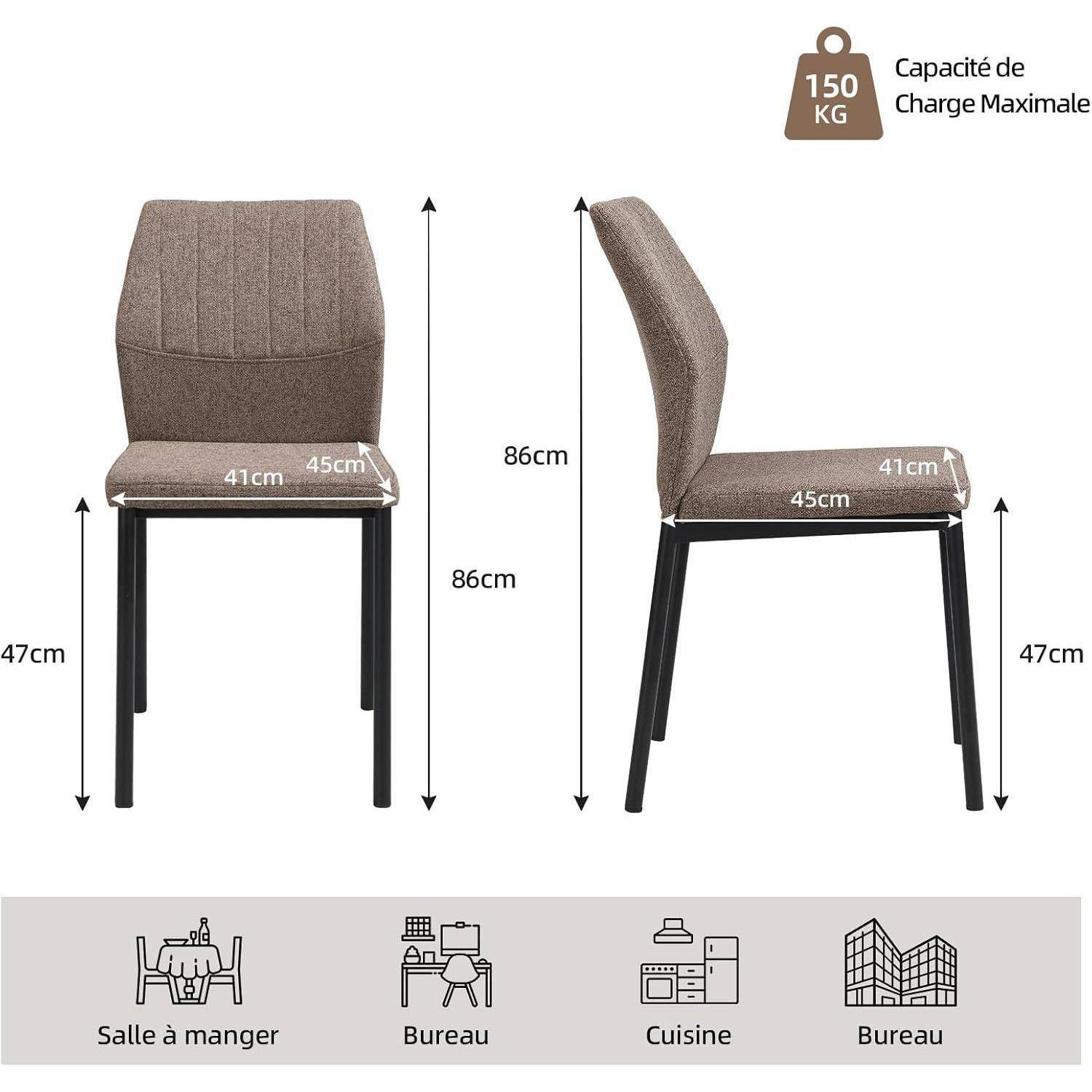 Produktdiagramm eines braun gepolsterten Stuhls mit Vorder- und Seitenansicht, Abmessungen 86 cm Höhe, 45 cm Breite, 41 cm Tiefe, 47 cm Sitzhöhe und maximale Belastung von 150 kg; geeignet für Ess-, Büro- und Küchennutzung.