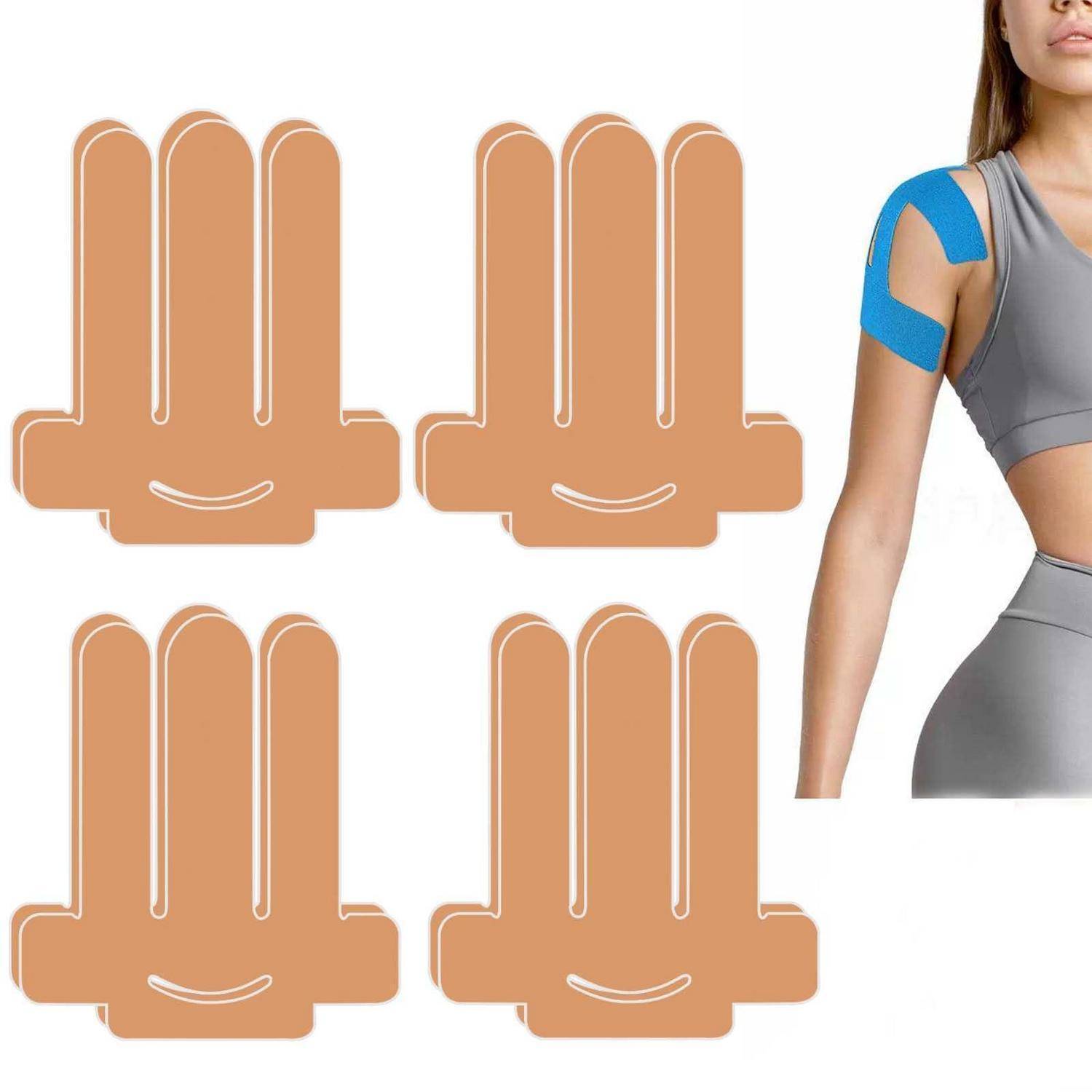Illustration zeigt vier beige Kinesiologie-Tape-Stücke und eine Frau mit blauem Tape, das auf ihrer Schulter und ihrem Oberarm angebracht ist.