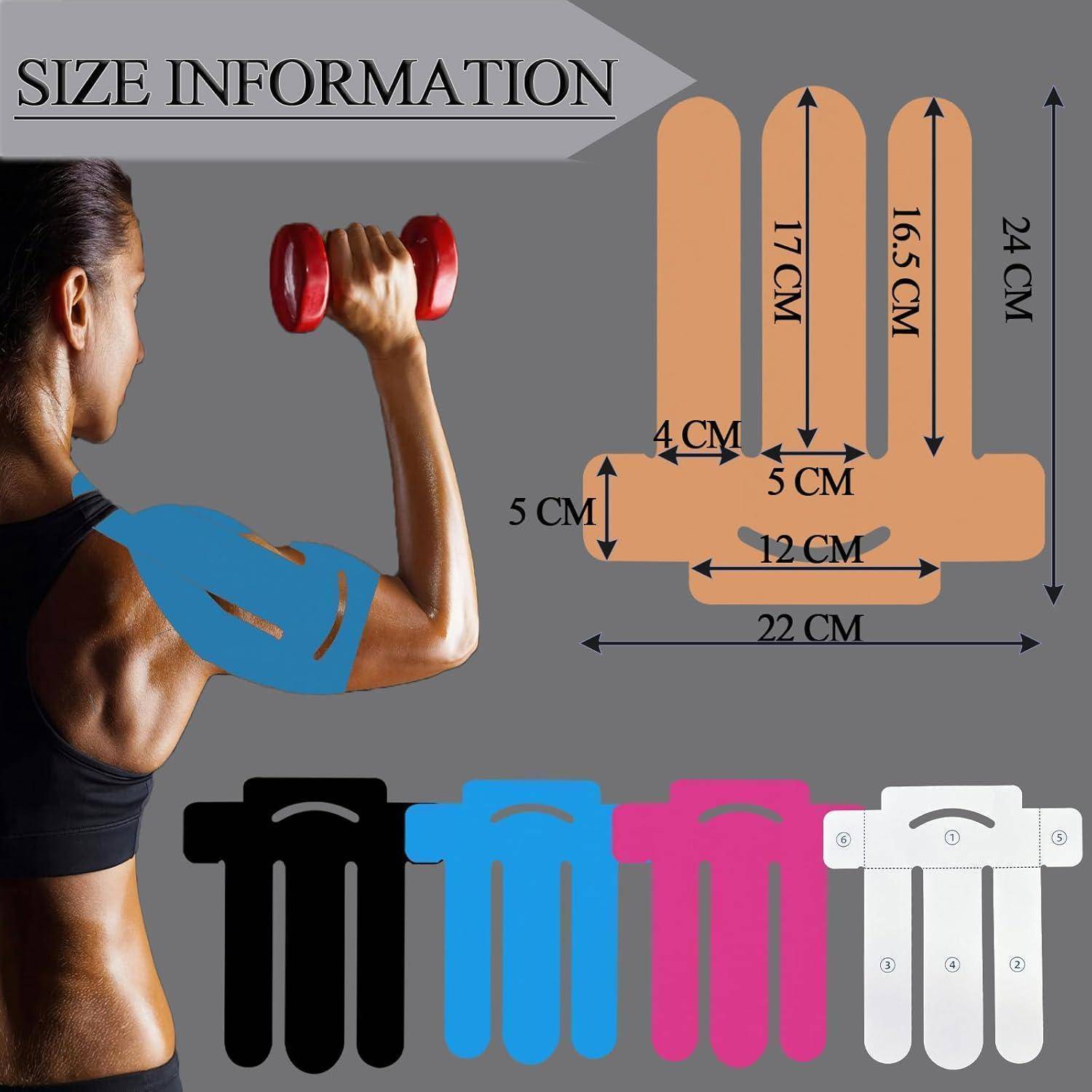Größentabelle für Fitness-Armstützmanschette mit einer Frau, die eine Hantel hebt, und Maßen für Finger- und Handgelenksgurte, mit Farboptionen Schwarz, Blau, Rosa und Weiß.
