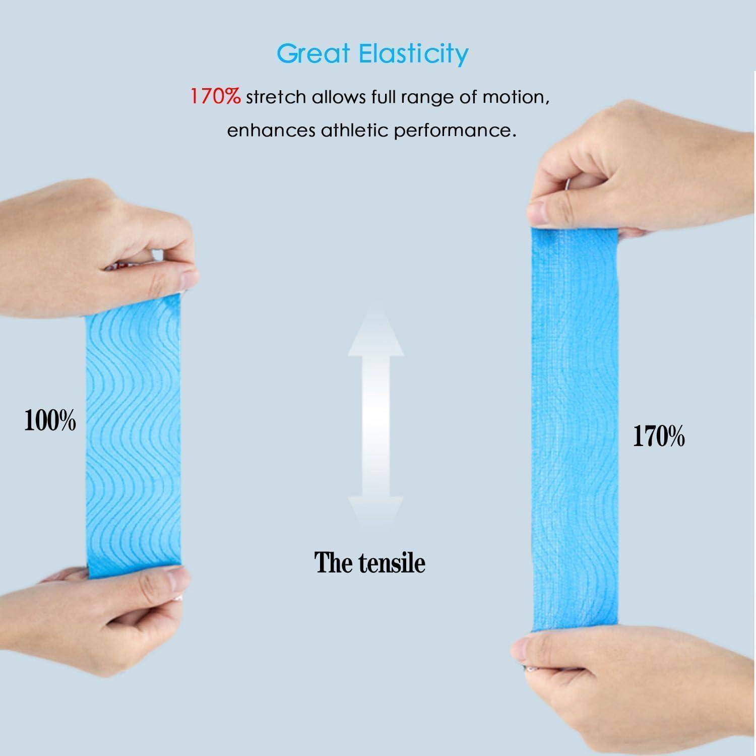Produktgrafik zeigt elastisches blaues Band, das von 100% auf 170% gedehnt ist, um hervorragende Elastizität und Zugfestigkeit zu veranschaulichen.