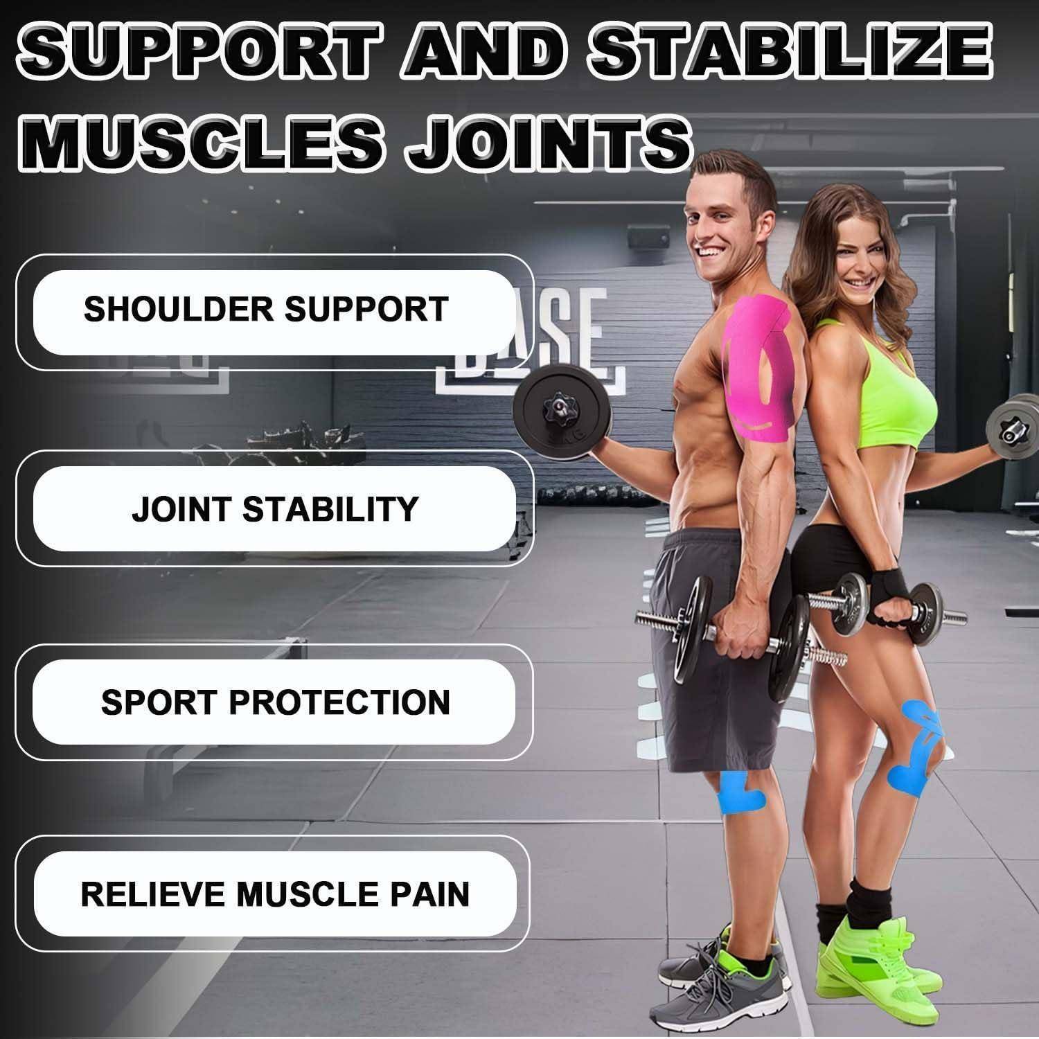 Fitness-Promotionsbild eines Mannes und einer Frau, die Hanteln heben, mit Text: „Muskeln und Gelenke unterstützen und stabilisieren