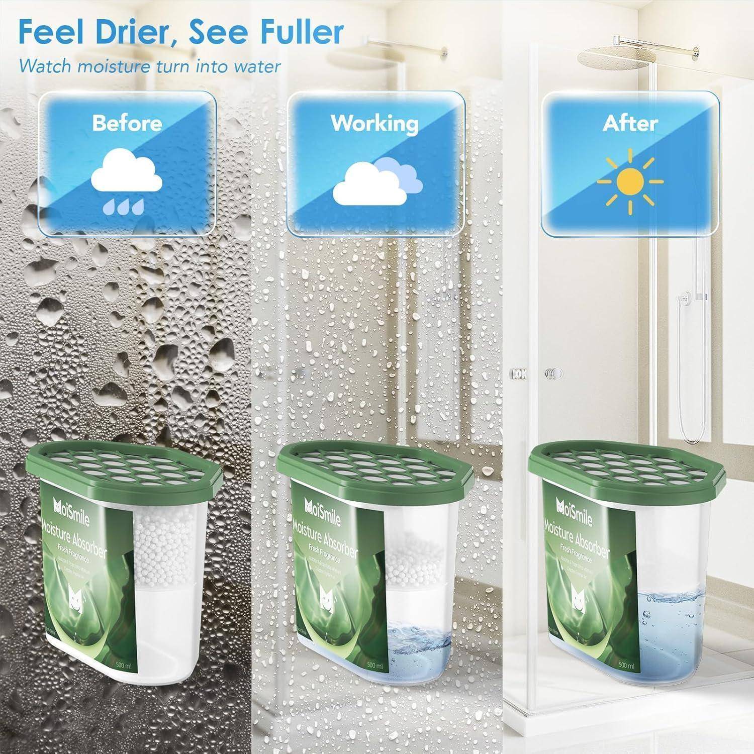 Werbeanzeige für einen Feuchtigkeitsentzieher mit 'Vorher', 'Funktioniert' und 'Nachher' Badezimmerszenen: feuchte Wände mit Wassertropfen werden trockener und heller, wobei das Produkt Feuchtigkeit entzieht.