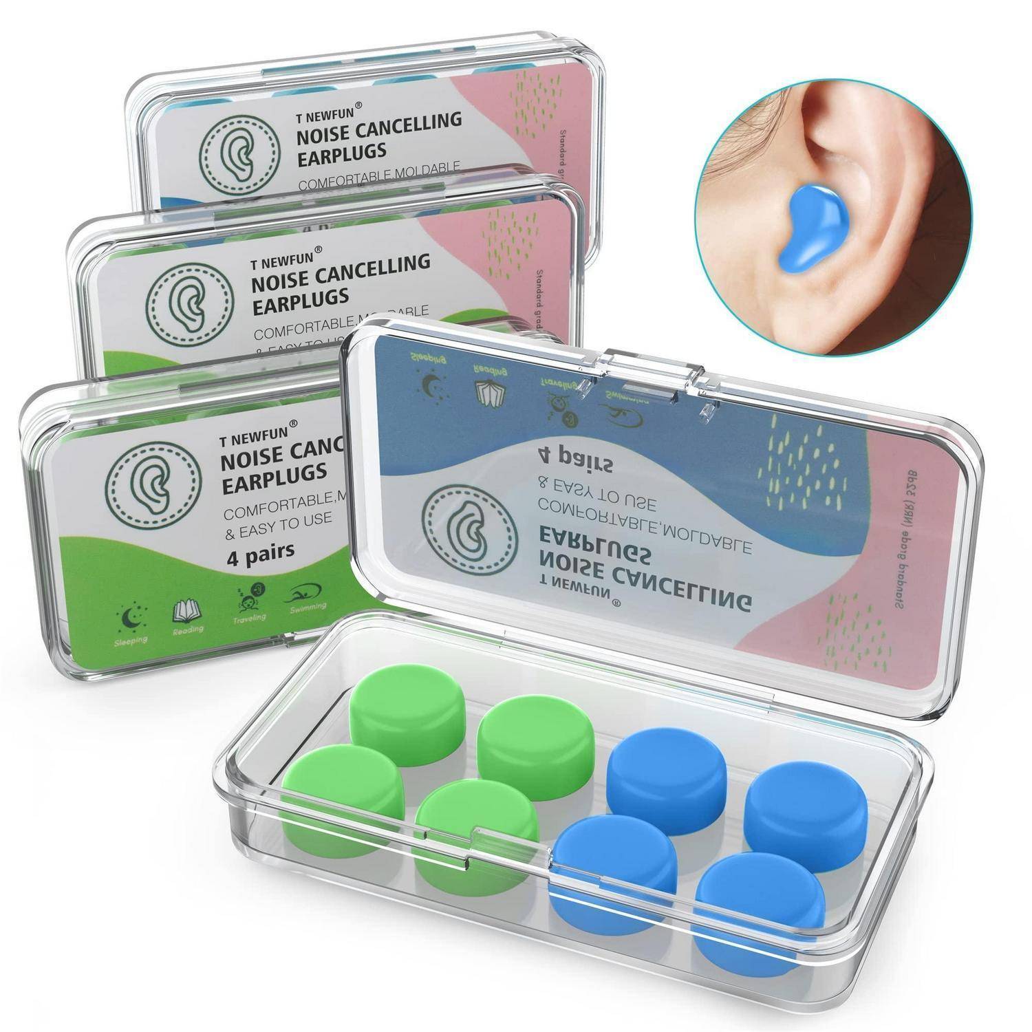 Klare Schachtel mit vier Paar geräuschunterdrückenden Ohrstöpseln in Grün und Blau, mit Verpackung mit der Bezeichnung „NEWFUN