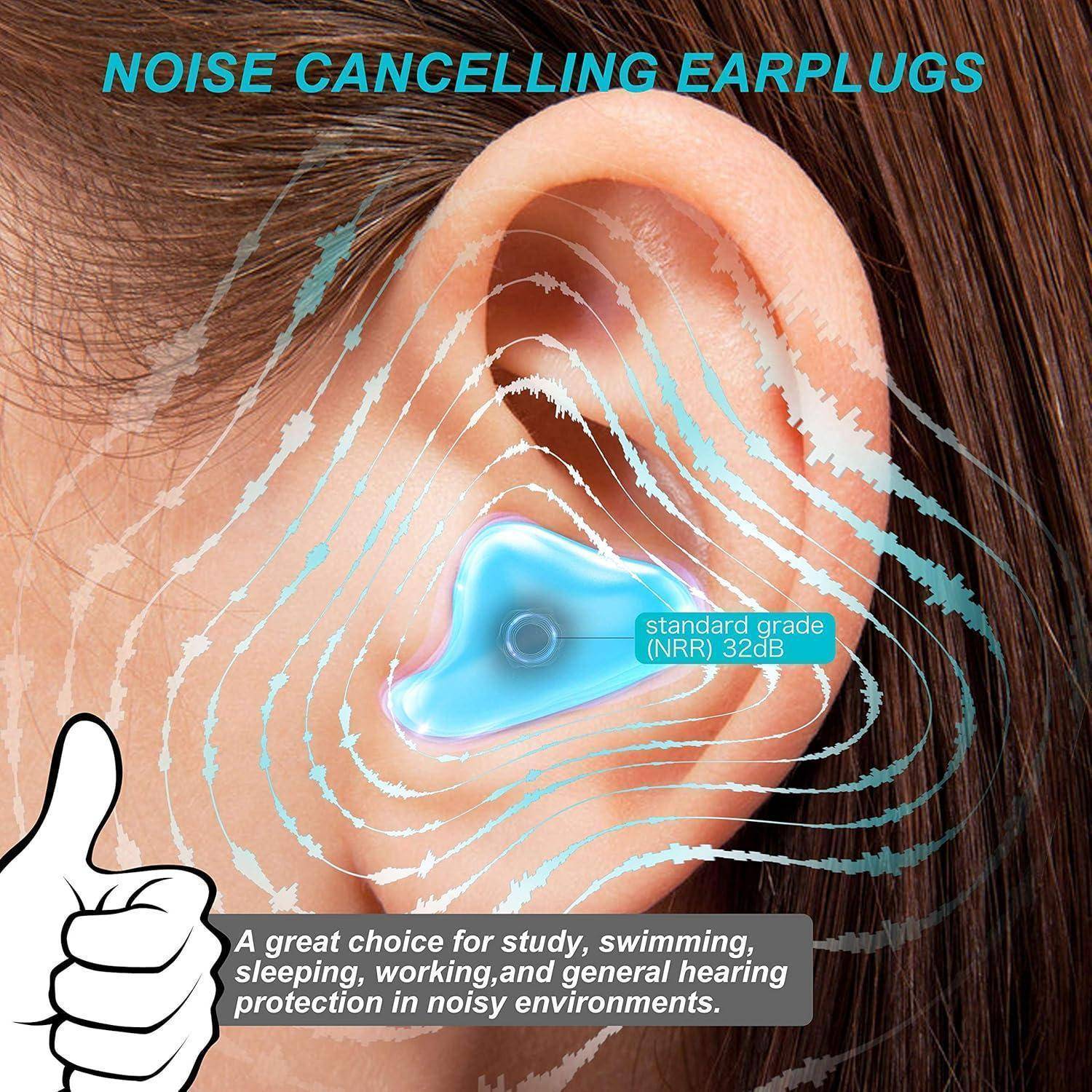 Nahaufnahme eines Ohrs, das einen blauen Gehörschutzstöpsel mit Geräuschunterdrückung trägt, mit Text „NOISE CANCELLING EARPLUGS