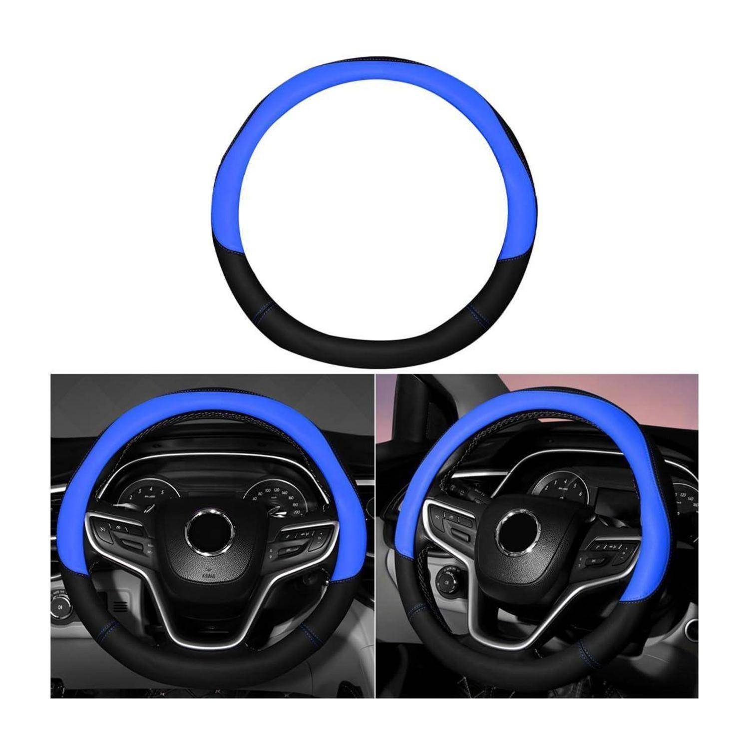 Blauer und schwarzer Lenkradabdeckung einzeln und montiert auf einem Autolenkrad von zwei Winkeln gezeigt.
