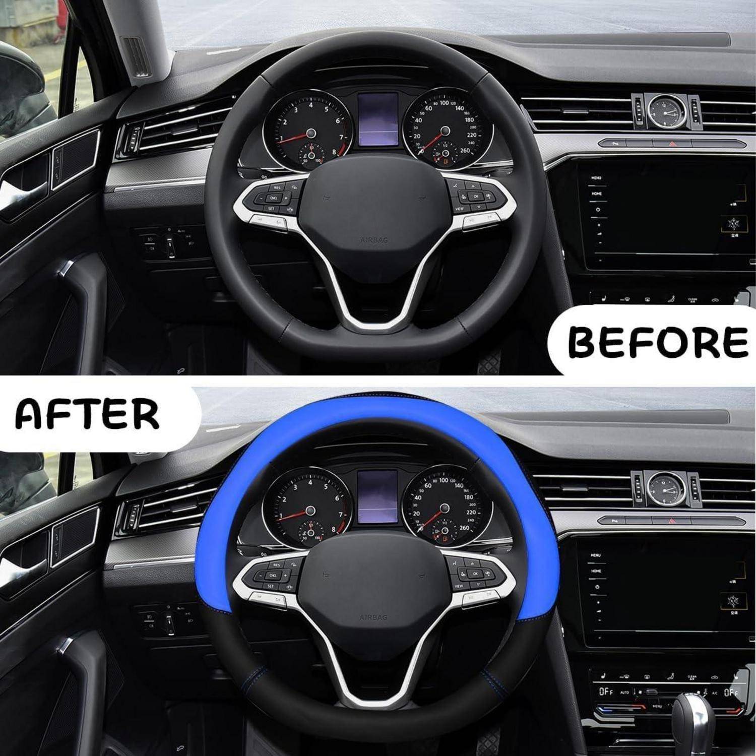 Vorher-und-Nachher-Vergleich eines Autoinnenraums mit einem Lenkradüberzug-Upgrade; oben ist das ursprüngliche schwarze Lenkrad, unten eine Abdeckung in Blau und Schwarz mit der Bezeichnung „NACHHER".
