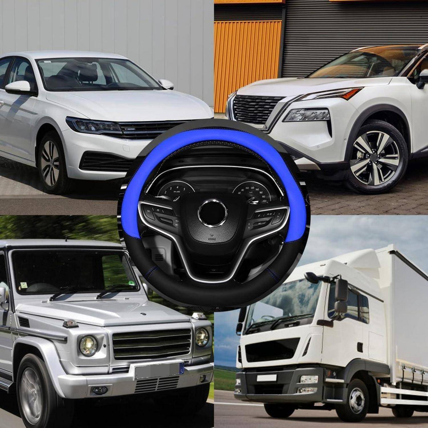 Collage aus vier Fahrzeugen – eine weiße Limousine, ein weißes SUV, ein silberner kastenförmiger SUV und ein weißer Sattelzug – um ein zentrales Lenkradsymbol herum.