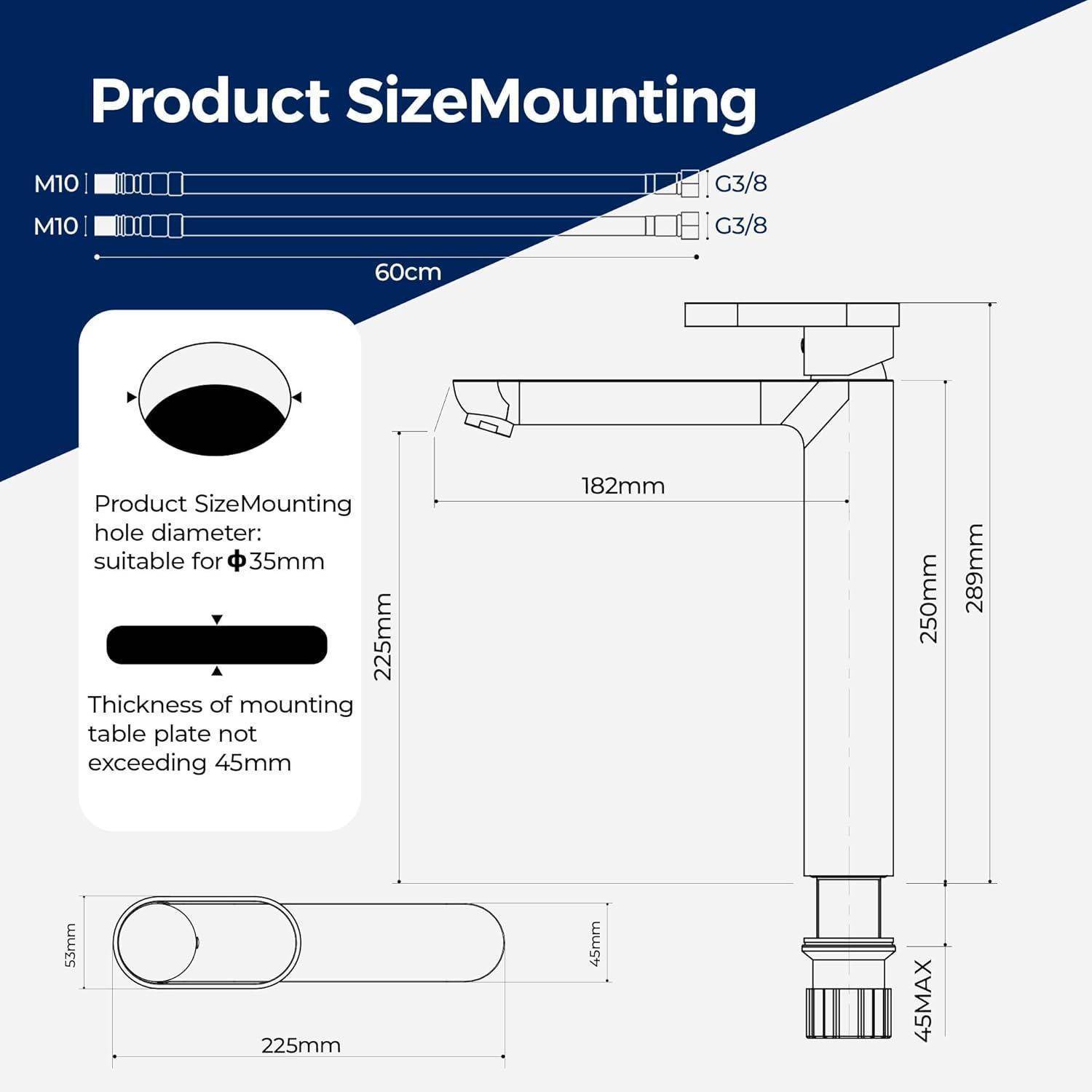 Produktgröße und Montagediagramm für einen Wasserhahn oder Dispenser mit 60cm Schläuchen, G3/8 Anschlüssen, 35mm Lochdurchmesser, maximale Tischdicke von 45mm und Abmessungen bis zu 289mm Höhe.