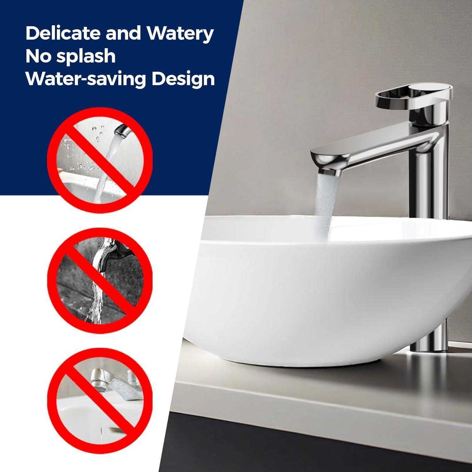 Wasserhahn im Bad über weißem Waschbecken mit gleichmäßigem, spritzfreiem Wasserfluss; Text lautet „Zart und wässrig Kein Spritzen Wassersparendes Design
