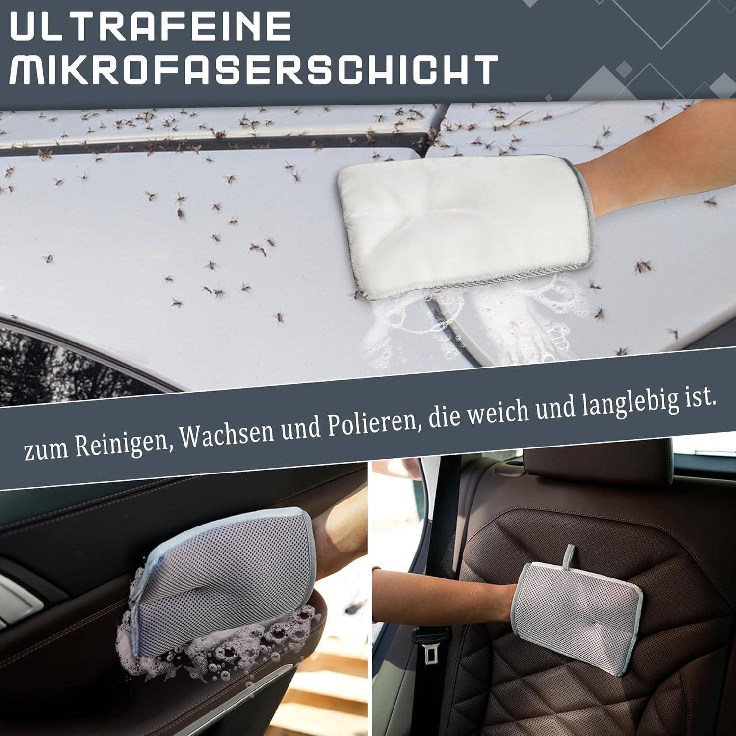 Werbecollage eines Mikrofaser-Reinigungshandschuhs beim Waschen, Wachsen und Polieren einer Autoberfläche, mit deutschem Text, der eine ultrafeinen Mikrofaserschicht bewirbt.