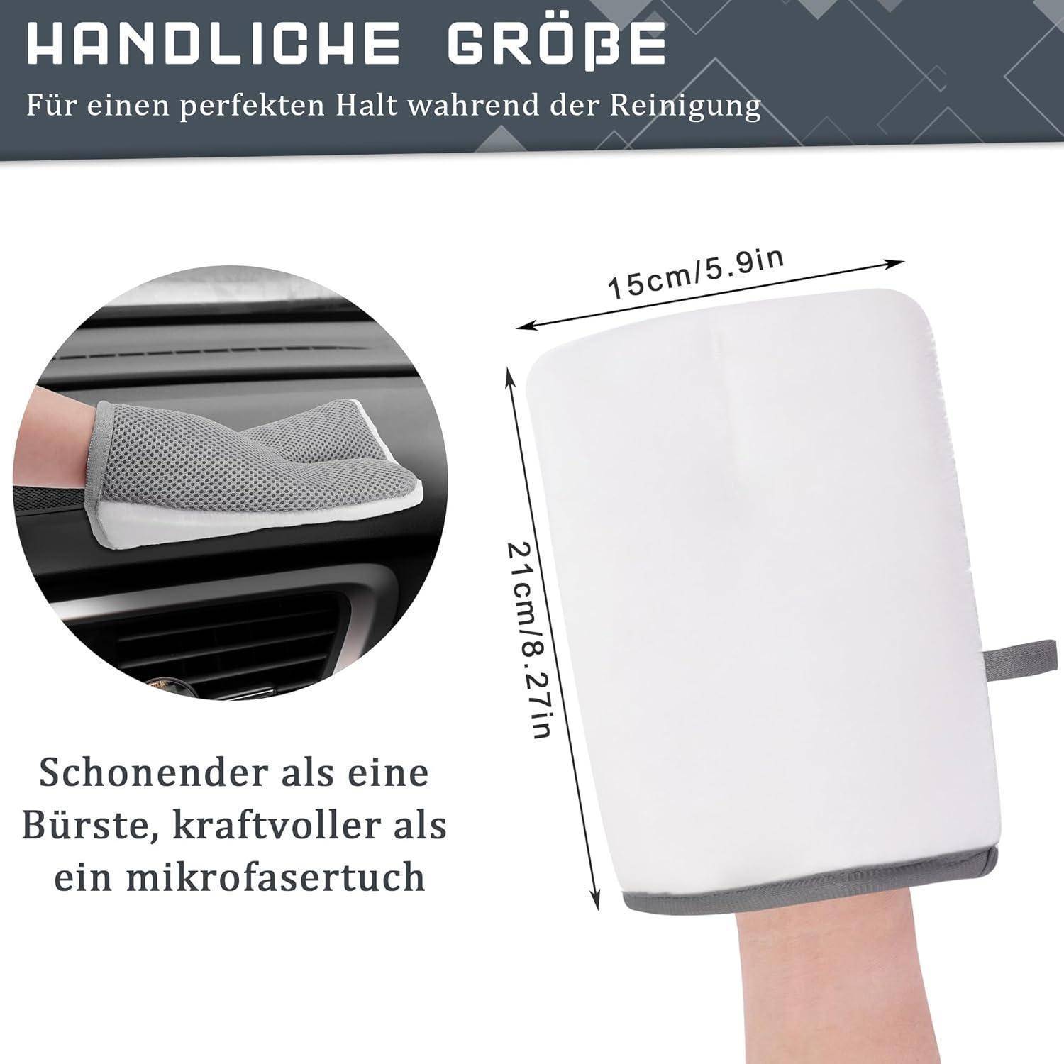Produktgrafik zeigt eine handgehaltene Reinigungsschwammauflage, Größe 15 cm x 21 cm, mit deutschem Text, der einen sicheren Griff und sanftere, stärkere Reinigung als ein Mikrofasertuch bewirbt.