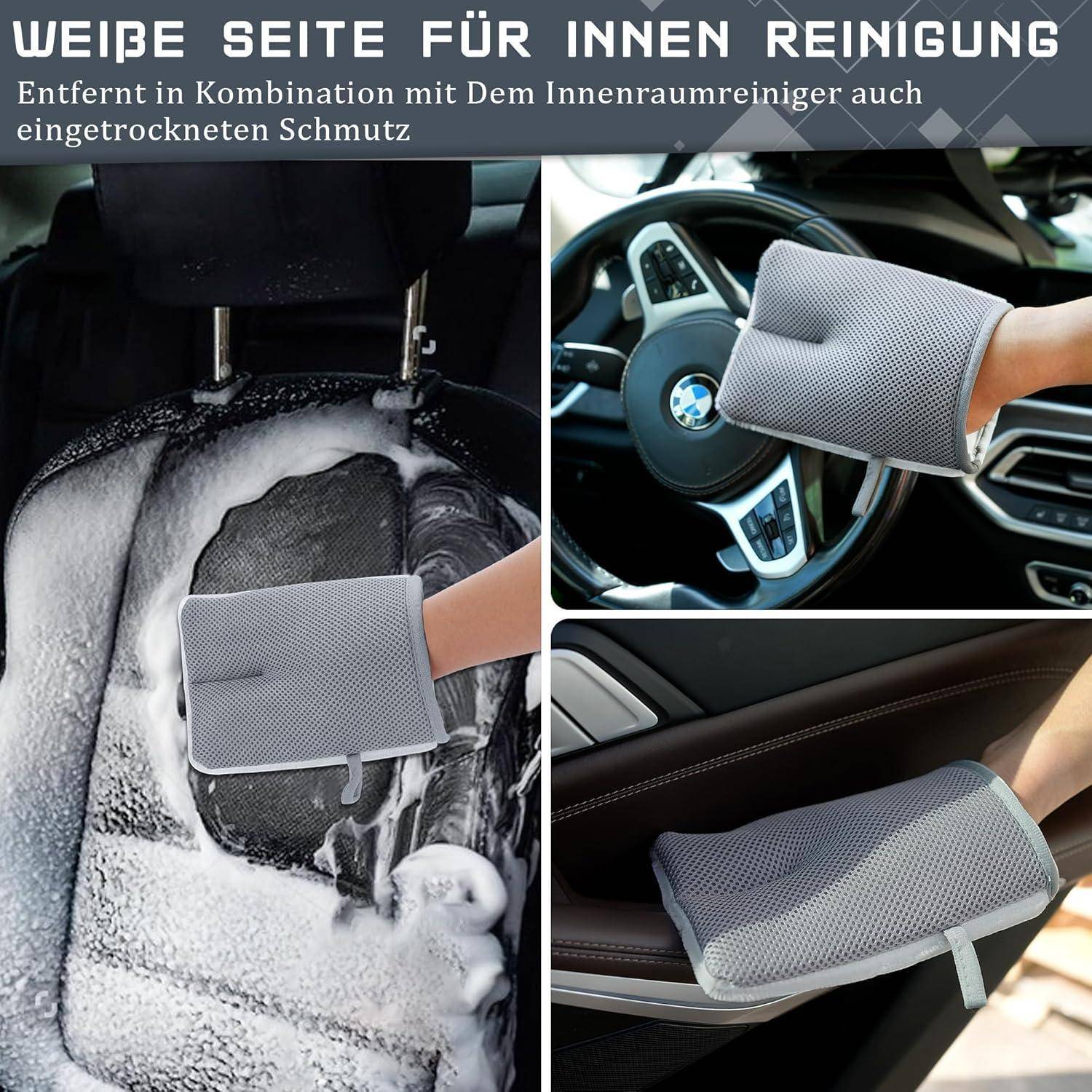 Reinigungstuch entfernt Schmutz aus dem Autoinnenraum; Collage zeigt ein Mikrofaser-Pad, das Sitze, Lenkrad und Türverkleidung abwischt.