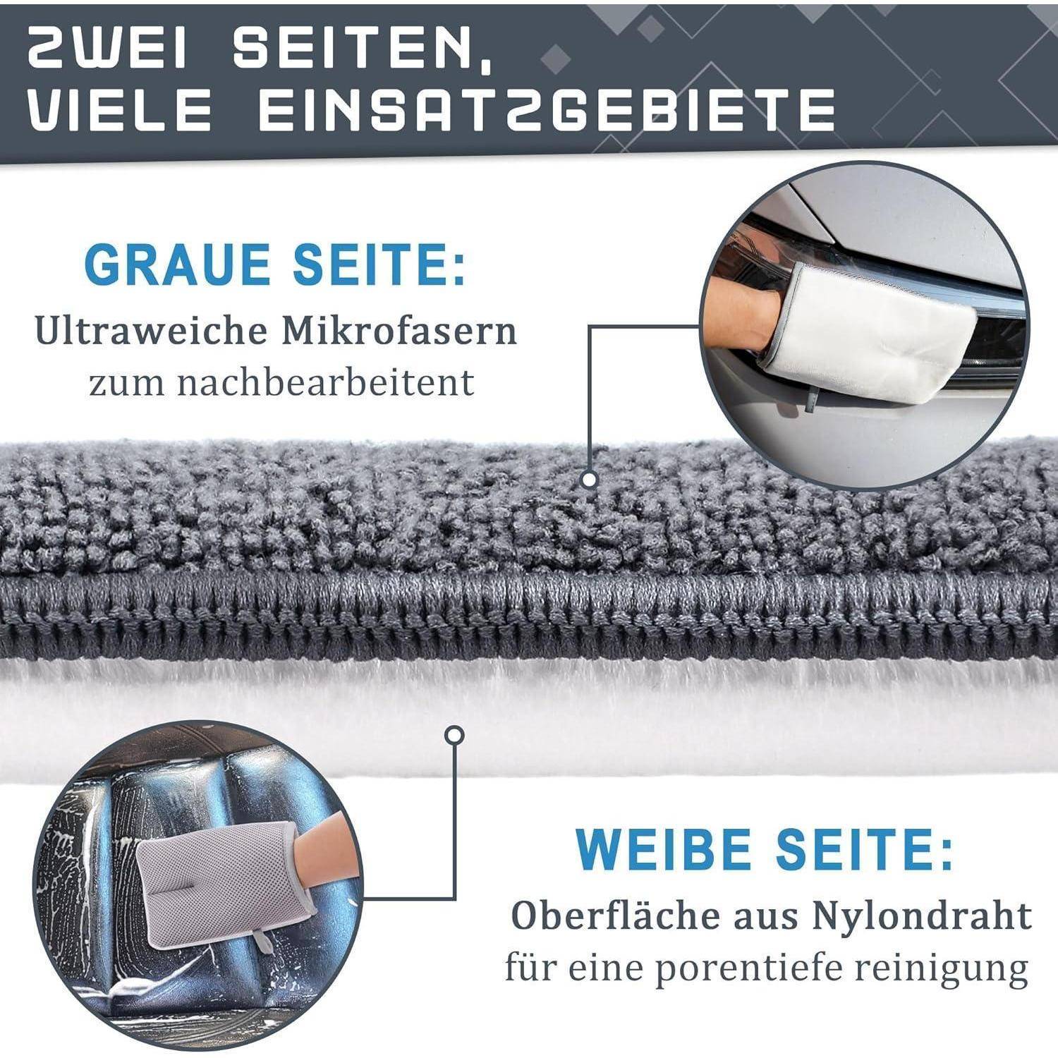 Infografik, die ein umkehrbares Reinigungstuch mit zwei Verwendungszwecken zeigt: Die graue Seite hat ultraweiche Mikrofaser zum Abschleifen, die weiße Seite hat Nylonfäden zur Fleckenreinigung.