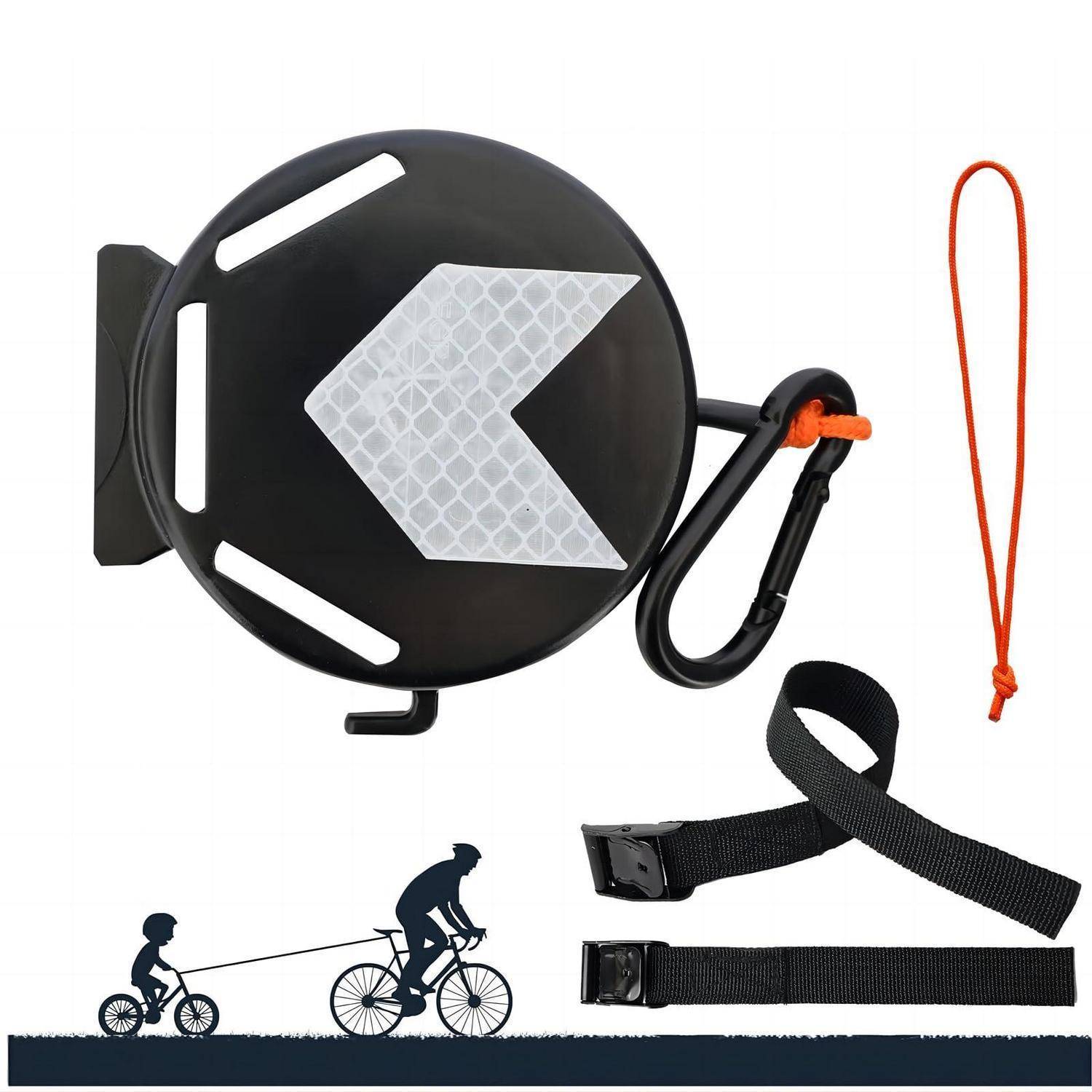 Einziehbarer Fahrrad-Abschleppriemen mit schwarzer Spule, reflektierendem Pfeil, Karabiner, Handschlaufe und Befestigungsgurten; Ausschnitt zeigt einen Erwachsenen, der einen jungen Radfahrer abschleppt.