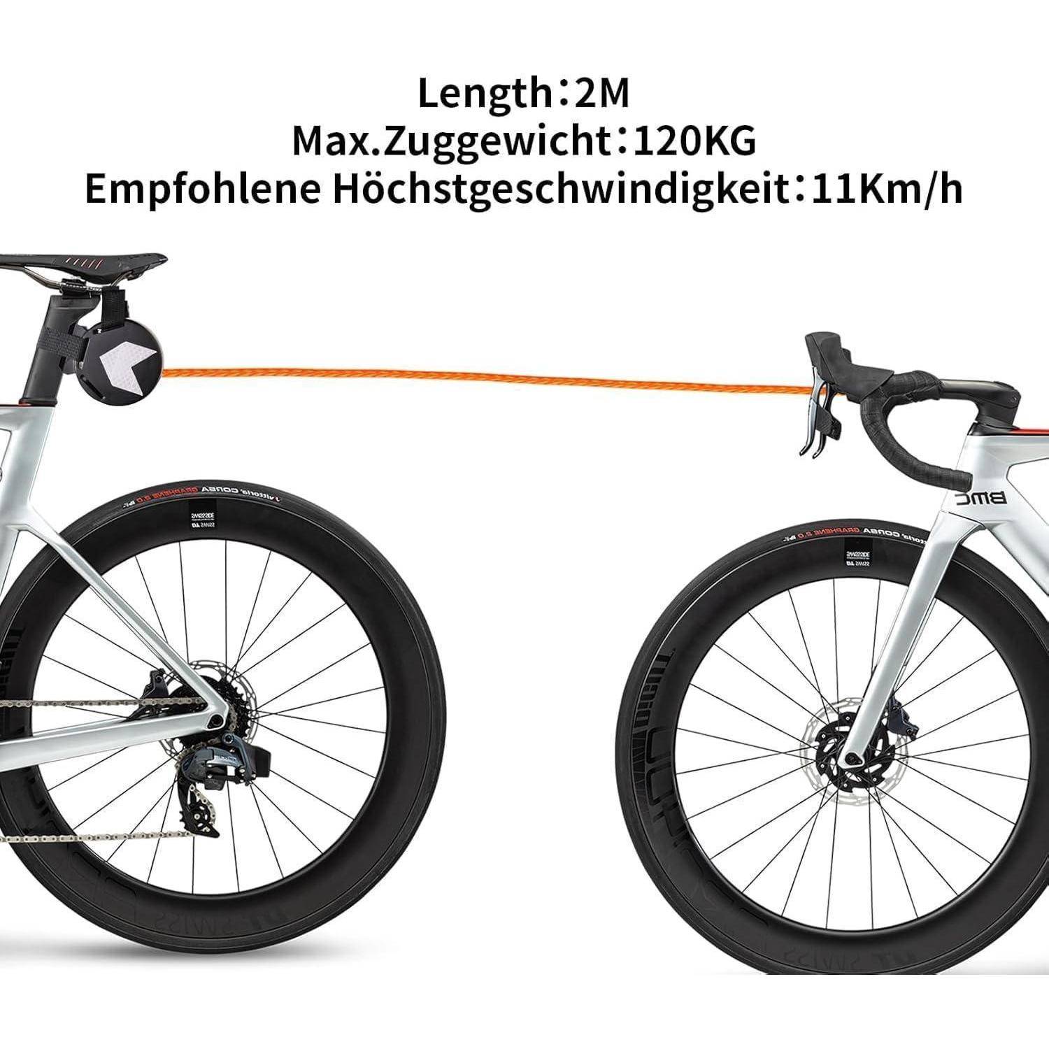 Zwei Rennräder, die durch ein Abschleppseil verbunden sind; Text besagt Länge 2 m, maximale Belastung 120 kg, empfohlene Höchstgeschwindigkeit 11 km/h.
