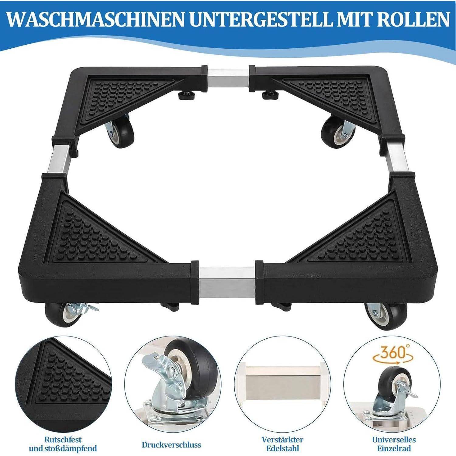Schwarzes Untergestell für Waschmaschinen mit Rädern, Eckstützen und vier Lenkrollen, dargestellt als Produktbild mit Detailaufnahmen und deutschem Text „WASCHMASCHINEN UNTERGESTELL MIT ROLLEN".