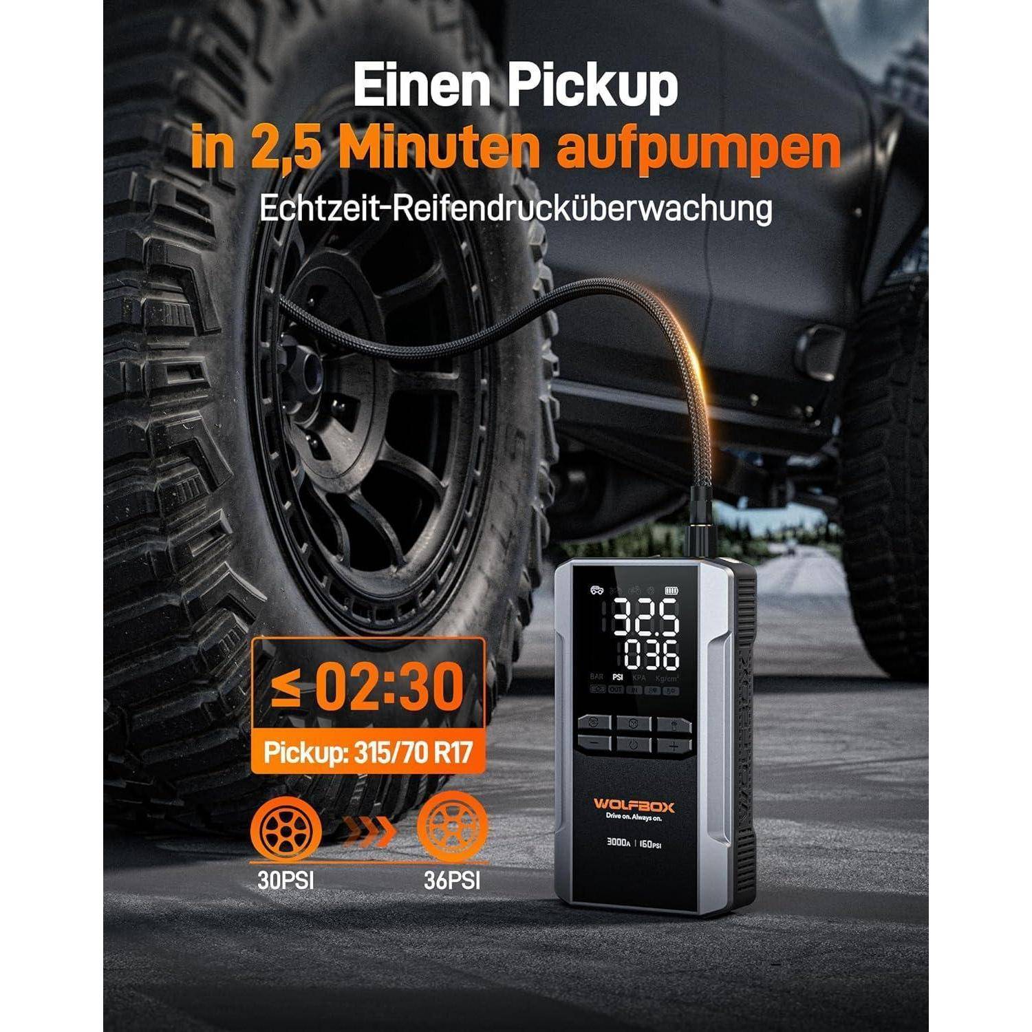WOLFBOX 3000A Starthilfe Powerbank für PKW mit Luftkompressor 160 PSI, 65 W Schnellladung, 59.2Wh Kapazität, für 8L Benzin- / 6L Dieselmotoren, mit