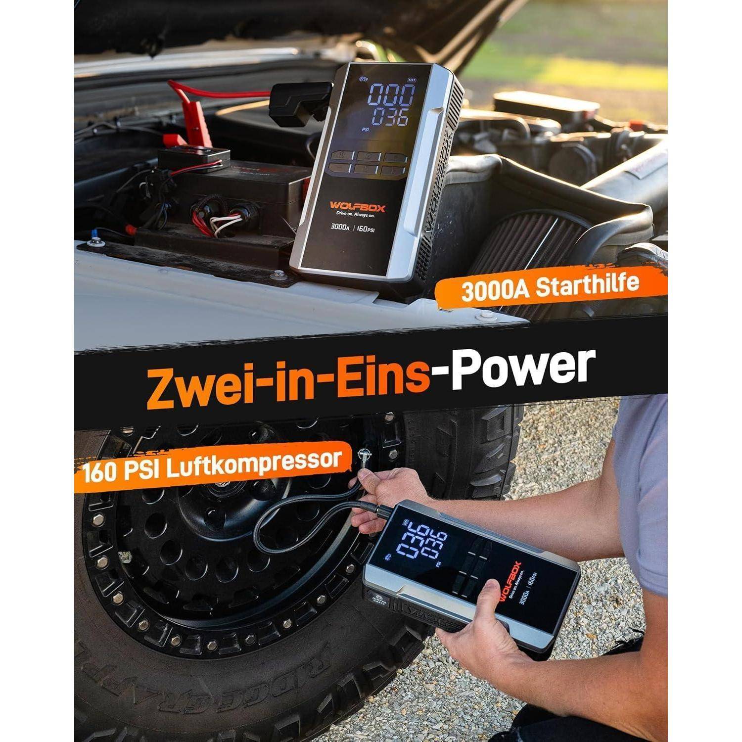 WOLFBOX 3000A Starthilfe Powerbank für PKW mit Luftkompressor 160 PSI, 65 W Schnellladung, 59.2Wh Kapazität, für 8L Benzin- / 6L Dieselmotoren, mit