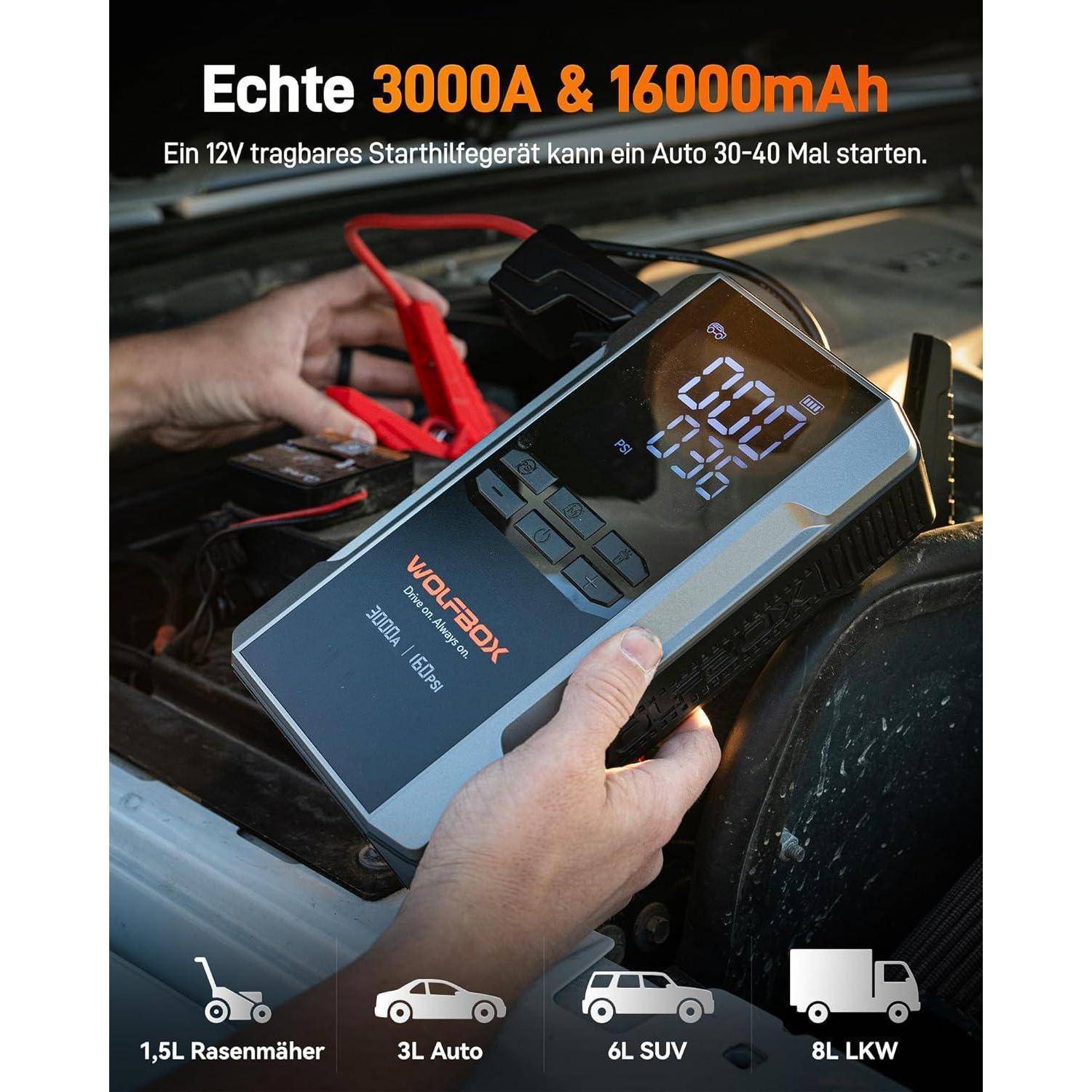 Hände halten ein tragbares Autostarthilfegerät neben einer Fahrzeugbatterie; Text sagt „Echte 3000A & 16000mAh