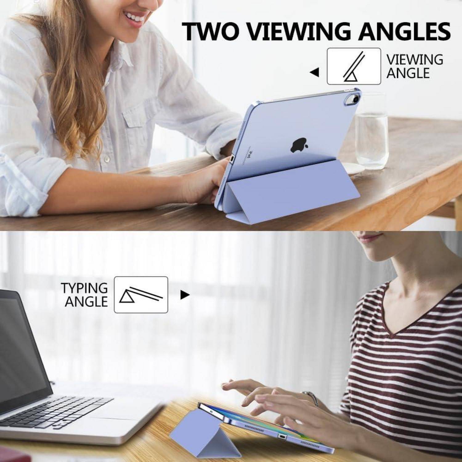 Infografik eines Tablet-Schutzkastens mit zwei Betrachtungswinkeln: einer zum Ansehen von Videos und einer zum Tippen am Schreibtisch, beschriftet mit „BETRACHTUNGSWINKEL" und „TIPPWINKEL"".