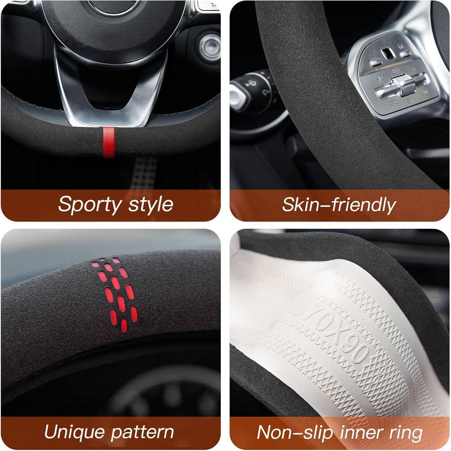 Vierteiliges Produktbild einer Lenkradabdeckung für Autos mit Betonung auf sportiven Stil, hautfreundliches Material, einzigartiges Muster und rutschfester innerer Ring.