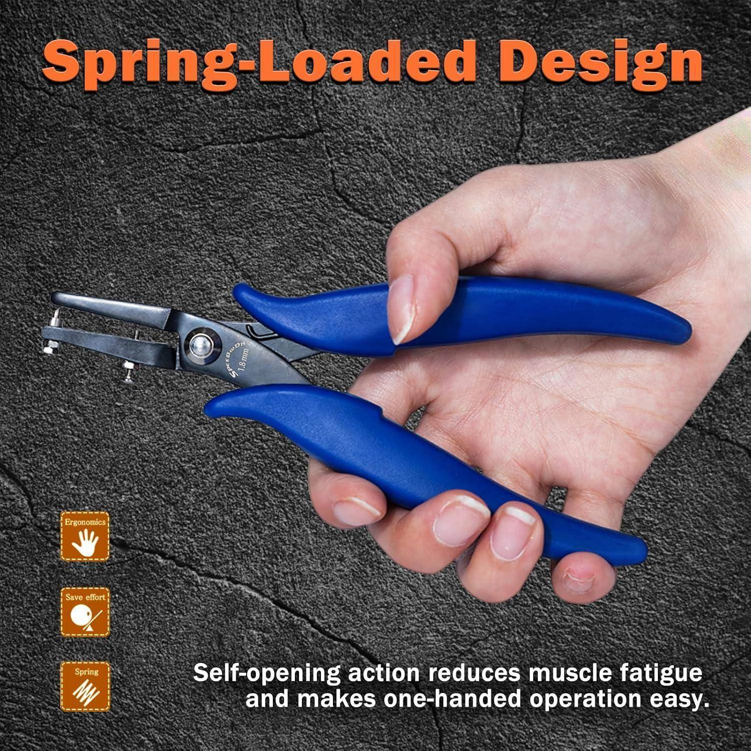 Hand hält blaue federbelastete Zange mit Text „Spring-Loaded Design