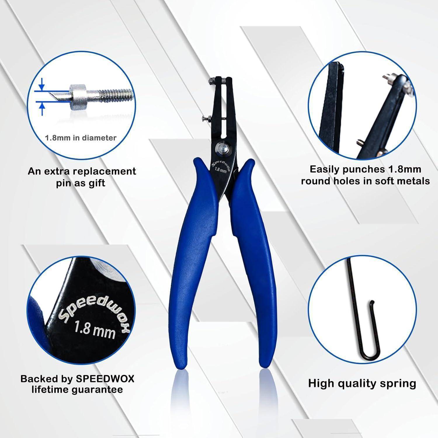 Produktbild einer Lochzange mit blauem Griff aus Metall mit Beschriftungen für 1,8-mm-Löcher, zusätzlichen Austauschstift, lebenslange Garantie und Federmechanismus.