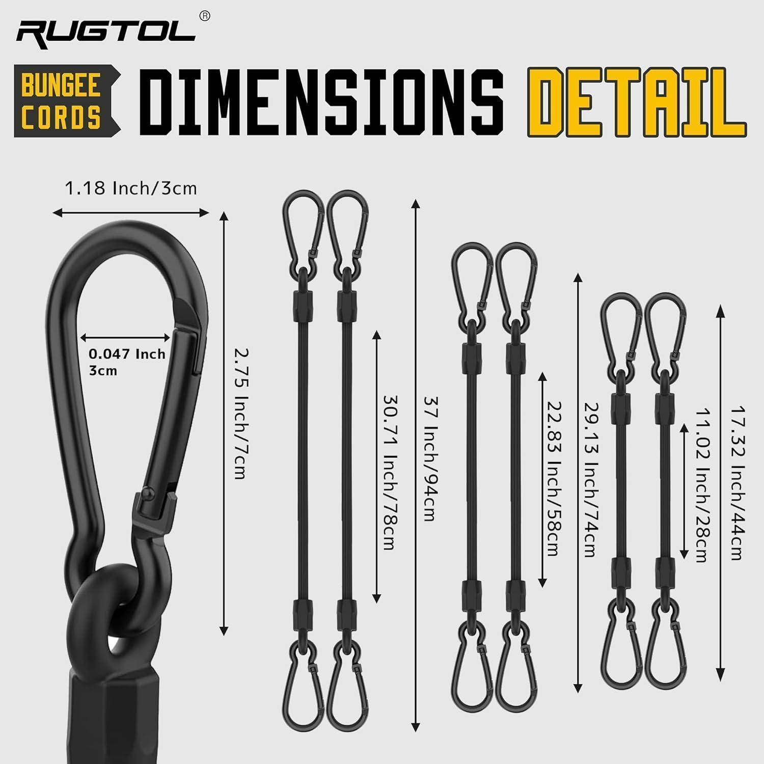 RUGTOL Spanngurte Dimensionsdetails zeigen einen Karabinerstil-Haken und drei Schnurlängen, mit Messungen für Breite, Dicke und Gesamtlänge in Zoll und Zentimetern.