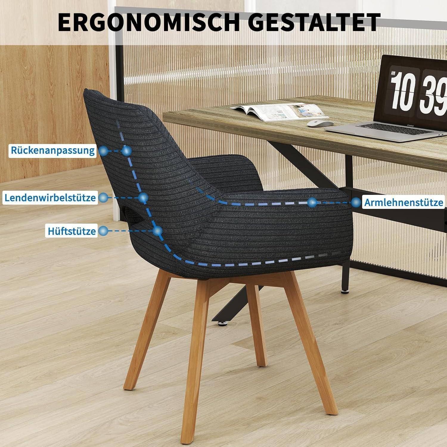 Ergonomisch gestalteter Stuhl in Profilansicht, mit Hinweisen auf Rückenstütze, Lendenstütze, Hüftstütze und Armlehnenunterstützung.